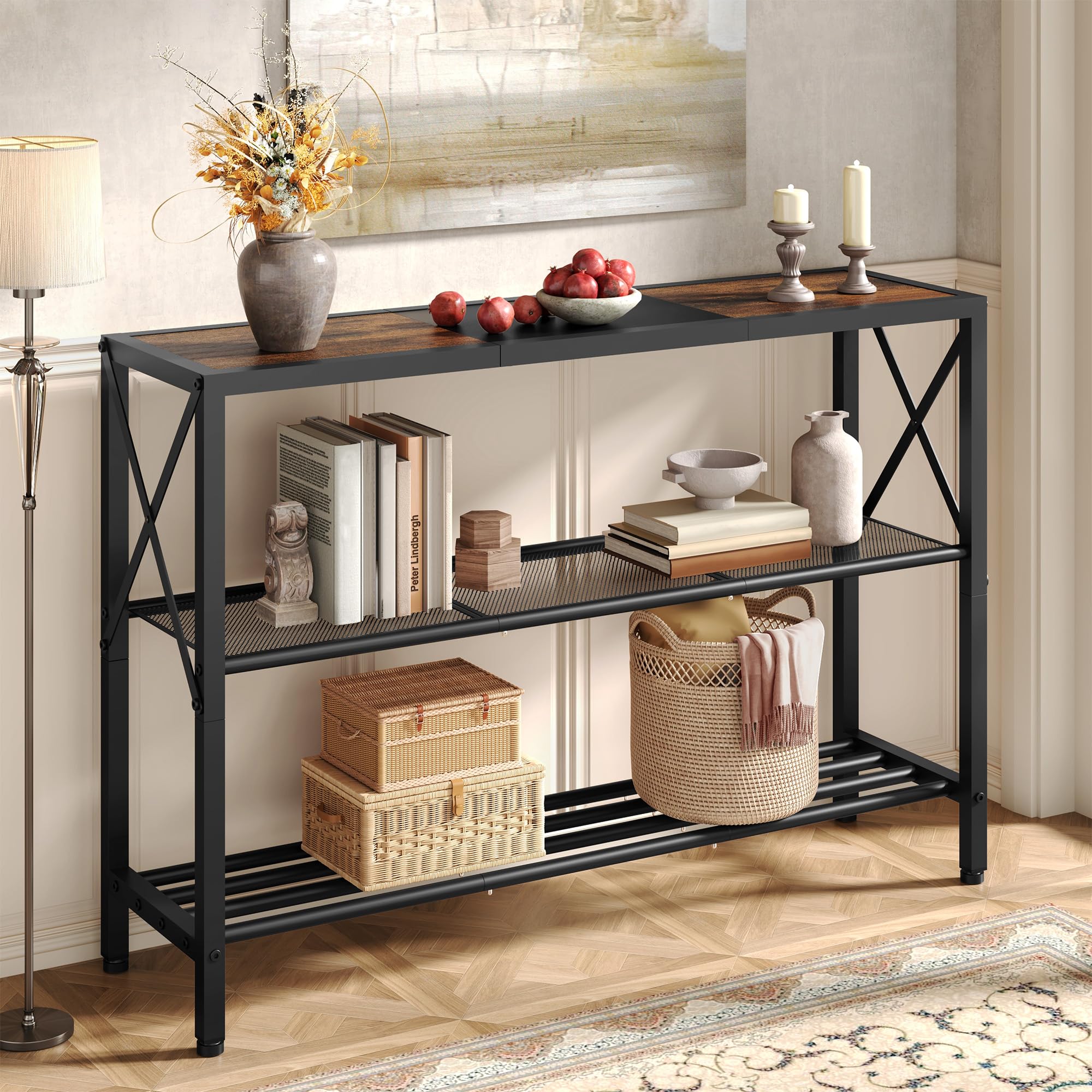 Hoctieon Industrial Console Table, 3 Tier Entryway Table, Hallway Table, Narrow Sofa Table with Shelves, Entrance Table for Entryway, Living Room, Foyer, Hallway, Office, Rustic Brown&Black
