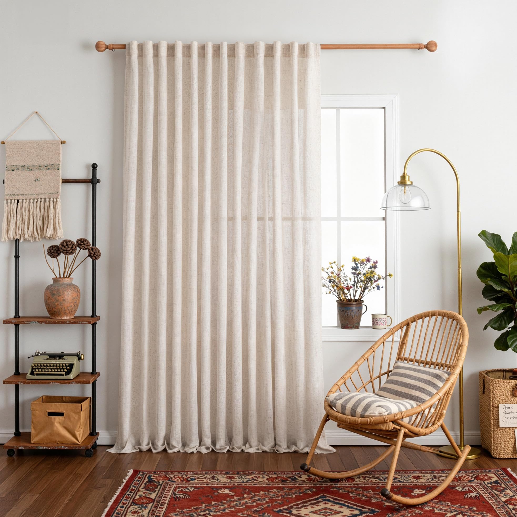 MYSKY HOME Country Curtains for Sliding Glass Door, Back Tab Semi Sheer Curtain Panels Extra Long Floor Length Drapes Linen Texture Soft Touch, 50x108 Inch, Linen, Set of 2