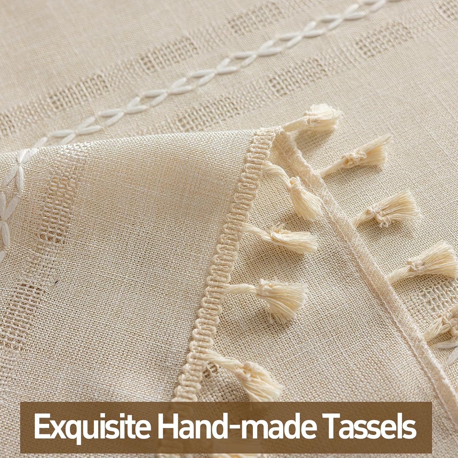 Natural Boho Semi Sheer Curtains 63 inch Length 2 Panel Set for Bedroom & Farmhouse, Bohemian Beige Light Filtering Privacy Drapes Tassels Shabby Chic Embroidery Window Curtains Back Tab & Rod pocket