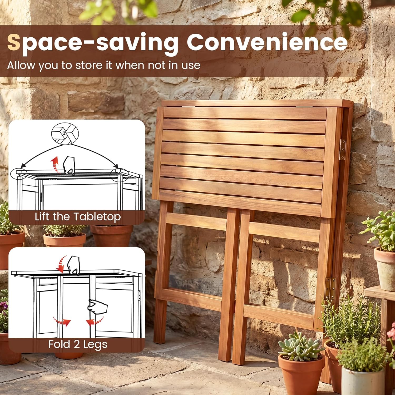 HAPPYGRILL Acacia Wood Folding Bar Table Outdoor Counter Height Patio Dining Table with Slatted Tabletop, for Outside Balcony Garden and Backyard