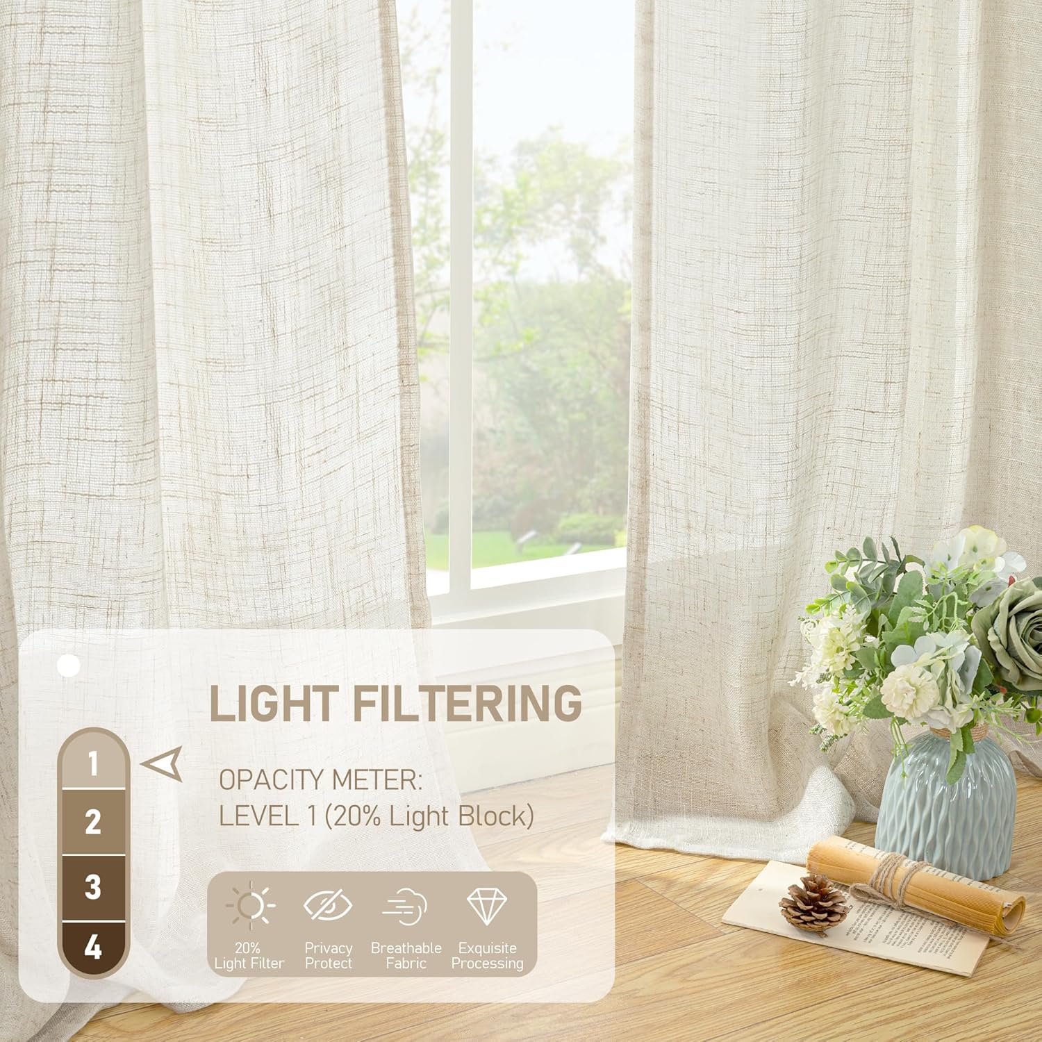 LAMIT Natural Cream Ivory Long Linen Curtains for Living Room, 108 inches Long Bronze Grommet Light Filtering Window Textured Neutral Sheer Drapes for Bedroom Farmhouse, 2 Panels, 52 x 108 Inch