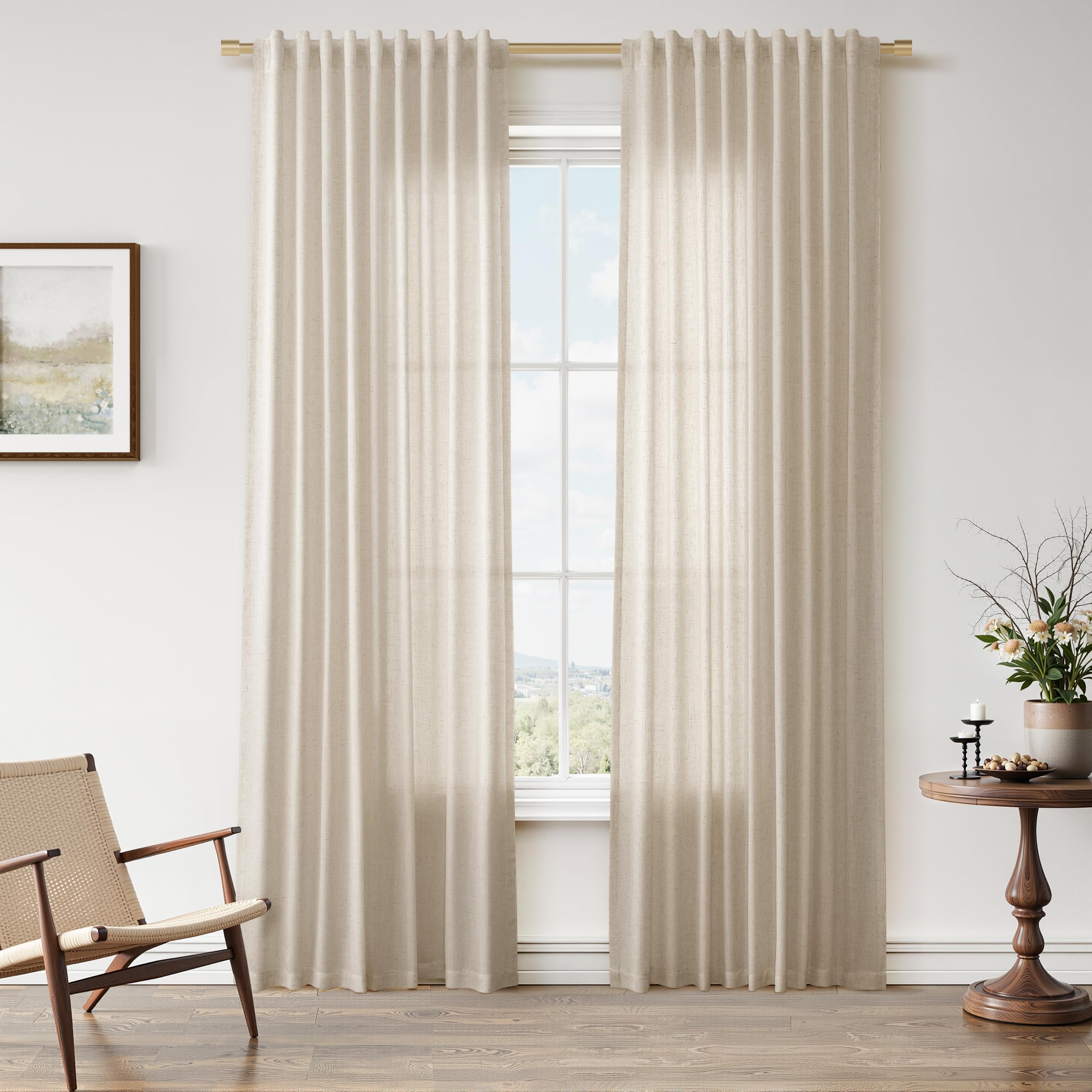 Nanspring Linen Curtains 80 Inches Long for Living Room Semi Sheer Light Filtering Curtain Back Tab Neutral Boho Modern Farmhouse Window Drapes for Bedroom 52x80 2 Panels Cream Ivory Beige Natural