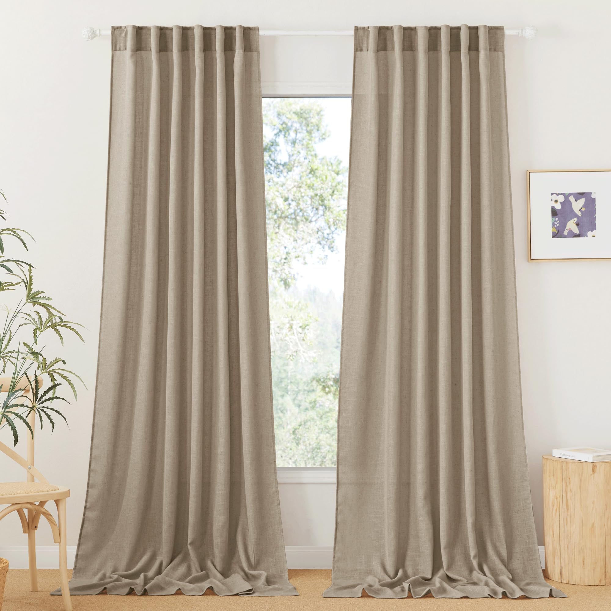 RYB HOME Semi Sheer Curtains 102 inches Long, Back Tab Light Filtration Half Privacy Window Curtains & Drapes for Bedroom Living Room, Linen, W 52 x L 102 inches, 2 Panels Set