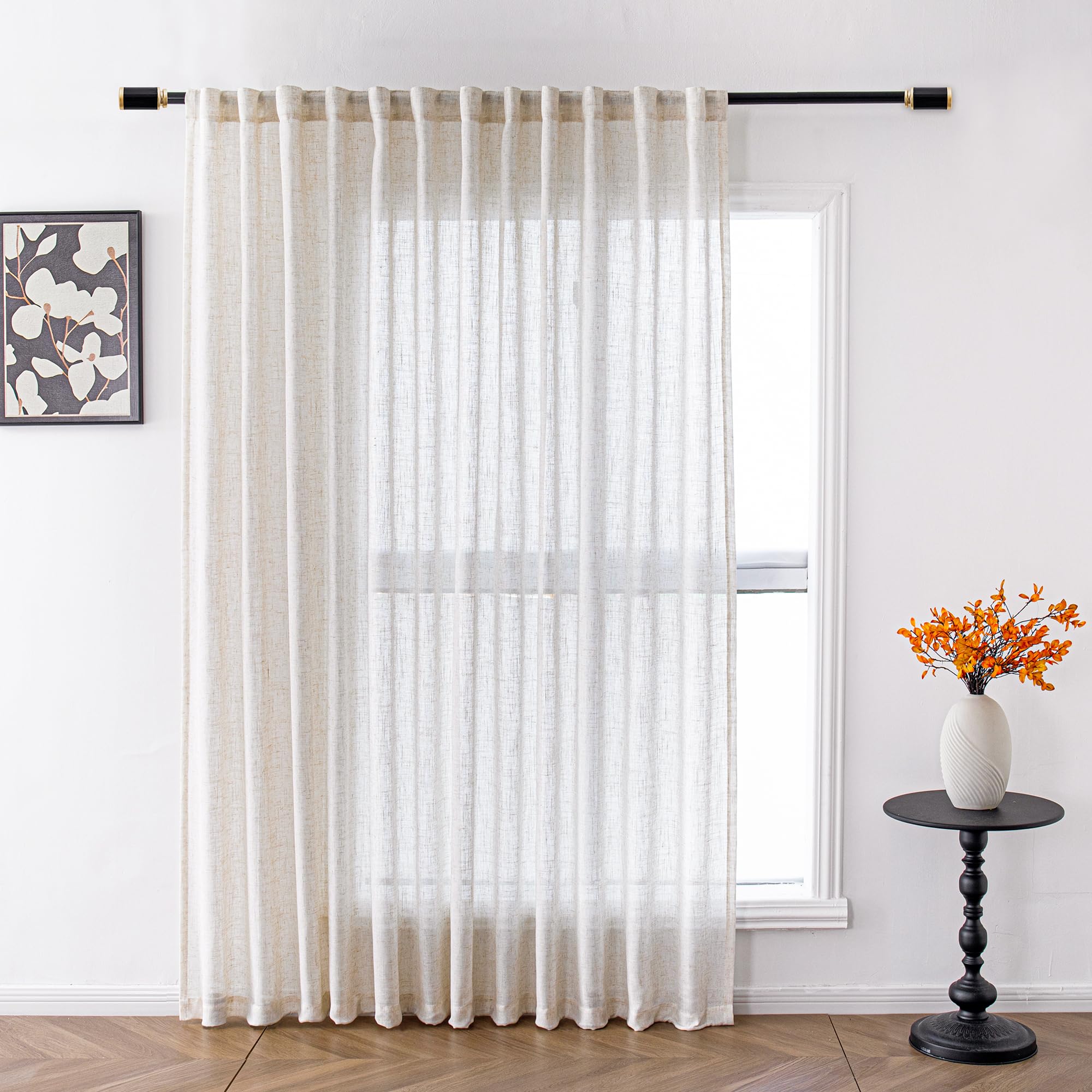 MYSKY HOME Country Curtains for Sliding Glass Door, Back Tab Semi Sheer Curtain Panels Extra Long Floor Length Drapes Linen Texture Soft Touch, 50x108 Inch, Linen, Set of 2