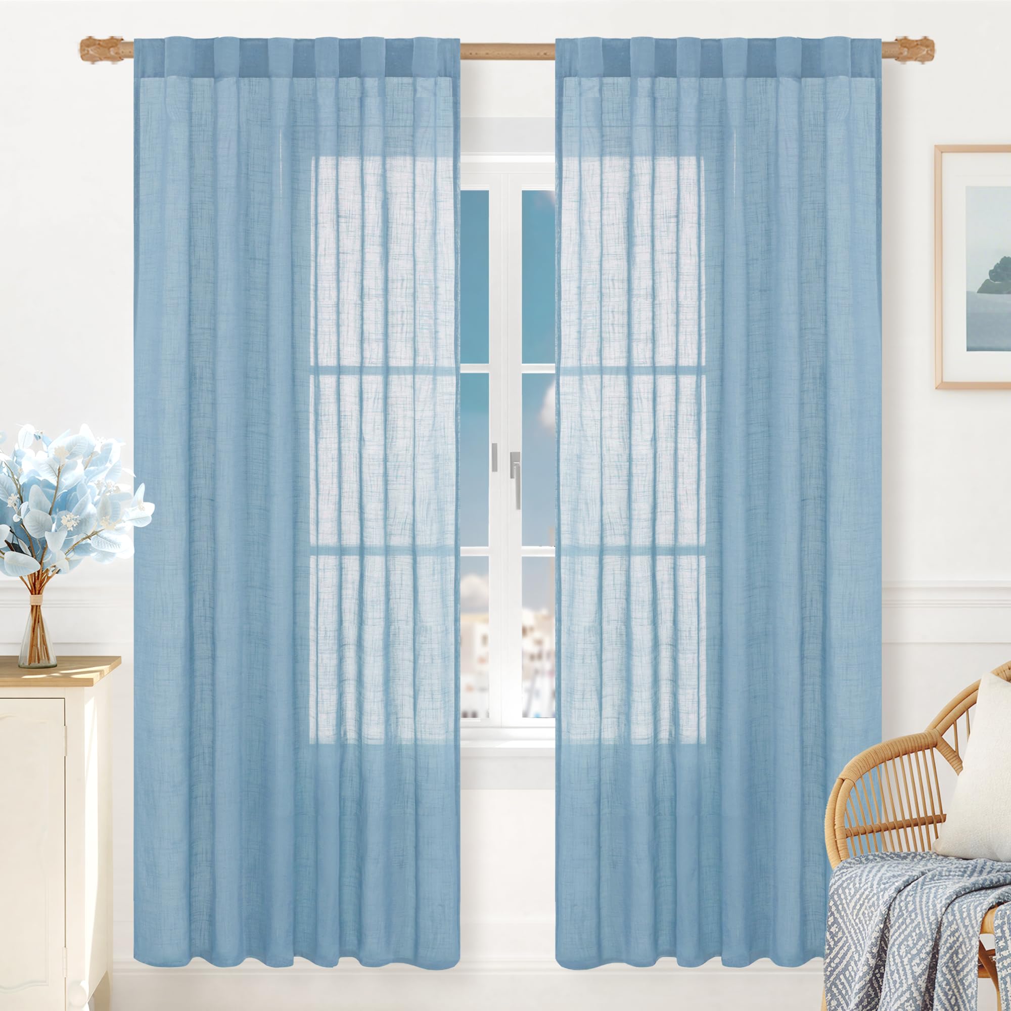 LAMIT Natural Linen Sheer Curtains 90 Inches Long 2 Panels, Long Light Filtering Window Treatments Back Tab and Rod Pocket Farmhouse Boho Panels for Living Room/Bedroom/Dining Room, 52 x 90 Inch