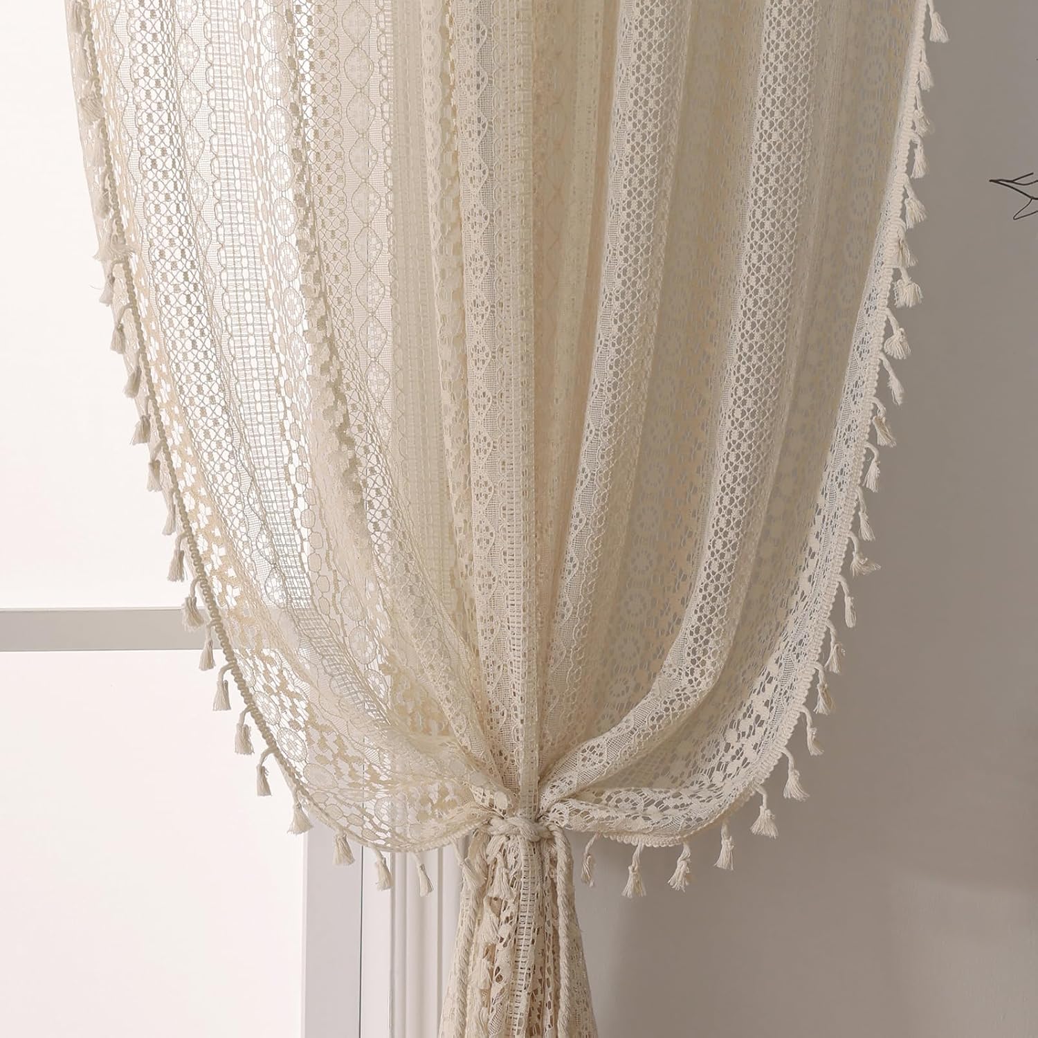 WAZZIO Boho Lace Curtains 108 Inch 2 Panel,Light Filtering Privacy Tassel & Geometry Crochet Semi Sheer Curtain Drapes for Bedroom Living Dining Room,Rod Pocket & Tassel,Vintage Farmhouse Decor,Beige