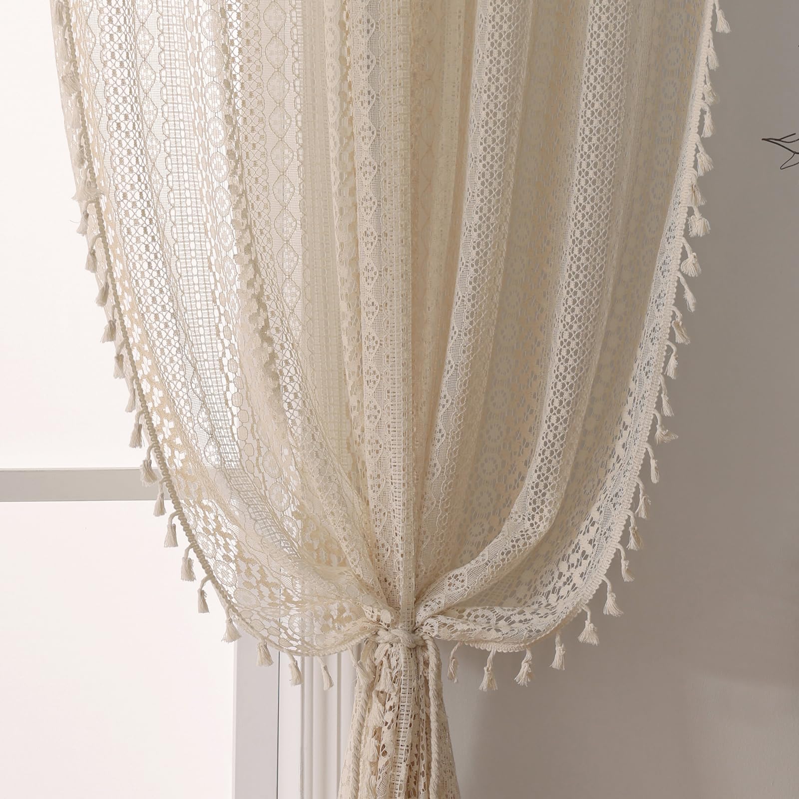 WAZZIO Boho Lace Curtains 108 Inch 2 Panel,Light Filtering Privacy Tassel & Geometry Crochet Semi Sheer Curtain Drapes for Bedroom Living Dining Room,Rod Pocket & Tassel,Vintage Farmhouse Decor,Beige