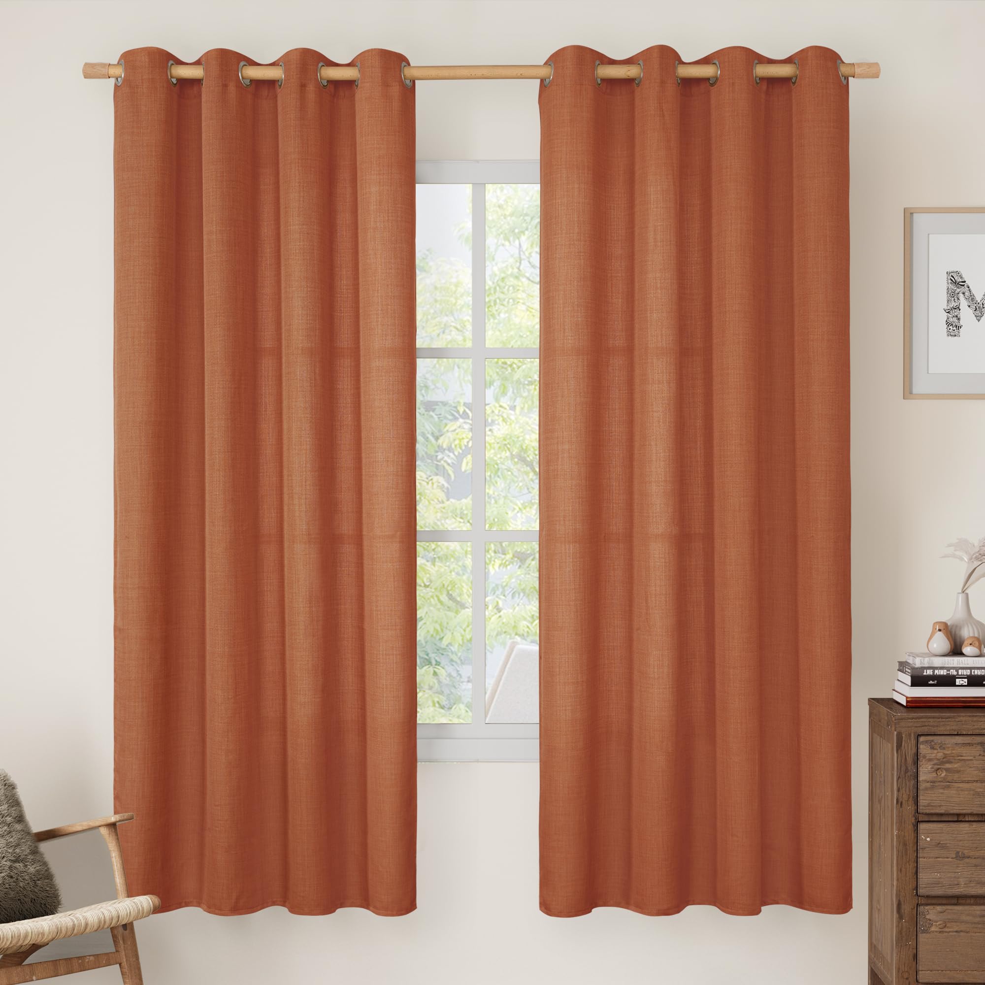 LAMIT Natural Cream Ivory Long Linen Curtains for Living Room, 108 inches Long Bronze Grommet Light Filtering Window Textured Neutral Sheer Drapes for Bedroom Farmhouse, 2 Panels, 52 x 108 Inch