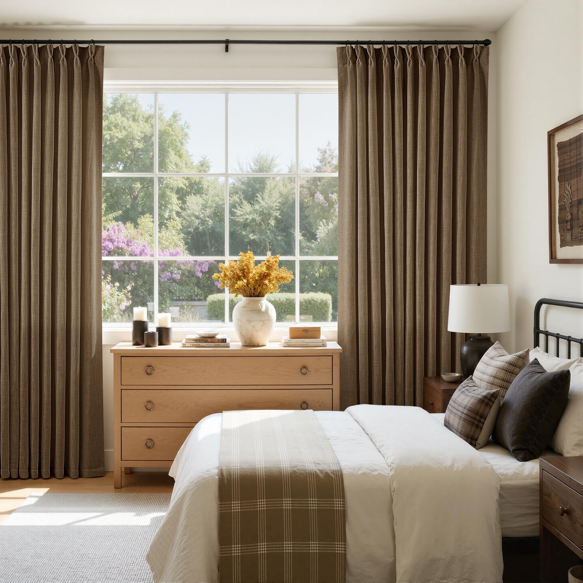 Natural Pinch Pleated Linen Curtains 84 Inch Length 2 Panels for Living Room Bedroom Textured Cream Ivory Birch Semi Sheer Boho Neutral Back Tab Pinch Pleat Hooks Rings Window Curtain 84 Inches Long