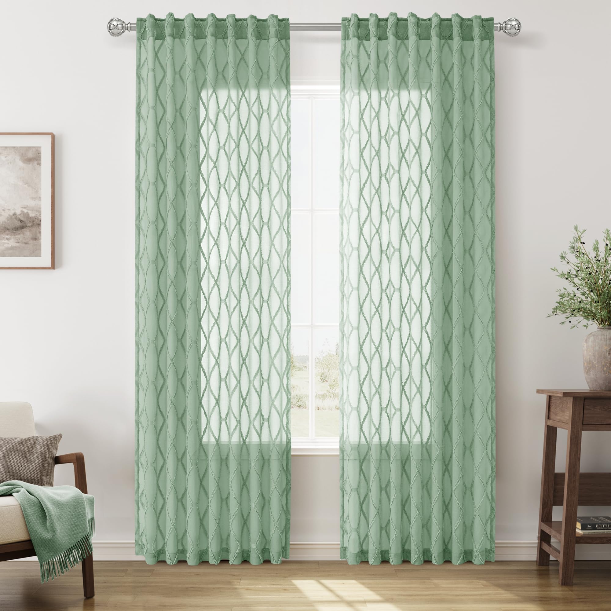 108" Beige Linen Sheer Curtains, 2 Panels, Tuft Pattern for Living Room & Bedroom