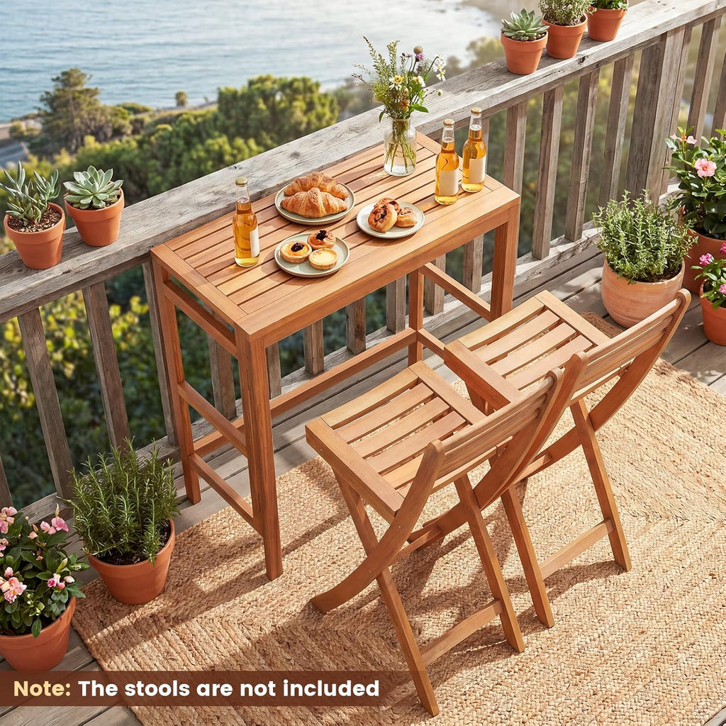 HAPPYGRILL Acacia Wood Folding Bar Table Outdoor Counter Height Patio Dining Table with Slatted Tabletop, for Outside Balcony Garden and Backyard