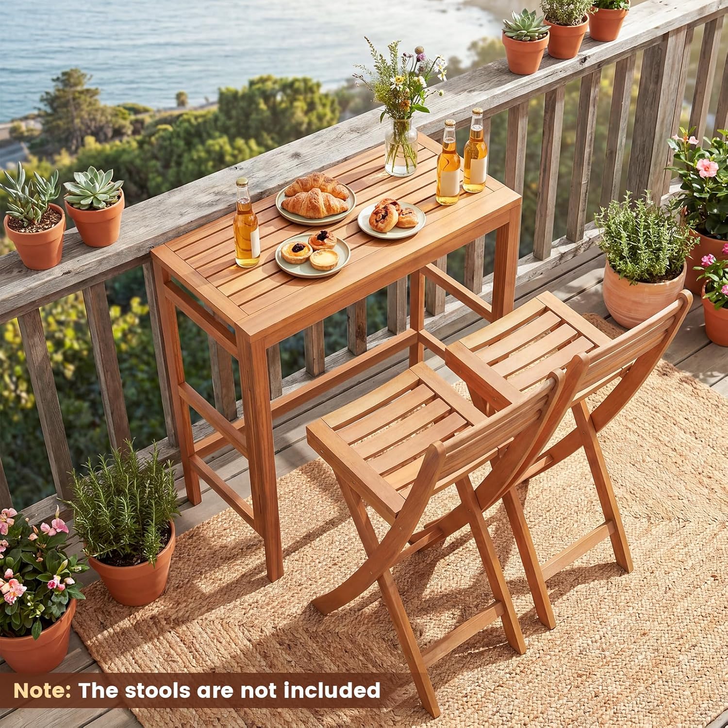 HAPPYGRILL Acacia Wood Folding Bar Table Outdoor Counter Height Patio Dining Table with Slatted Tabletop, for Outside Balcony Garden and Backyard