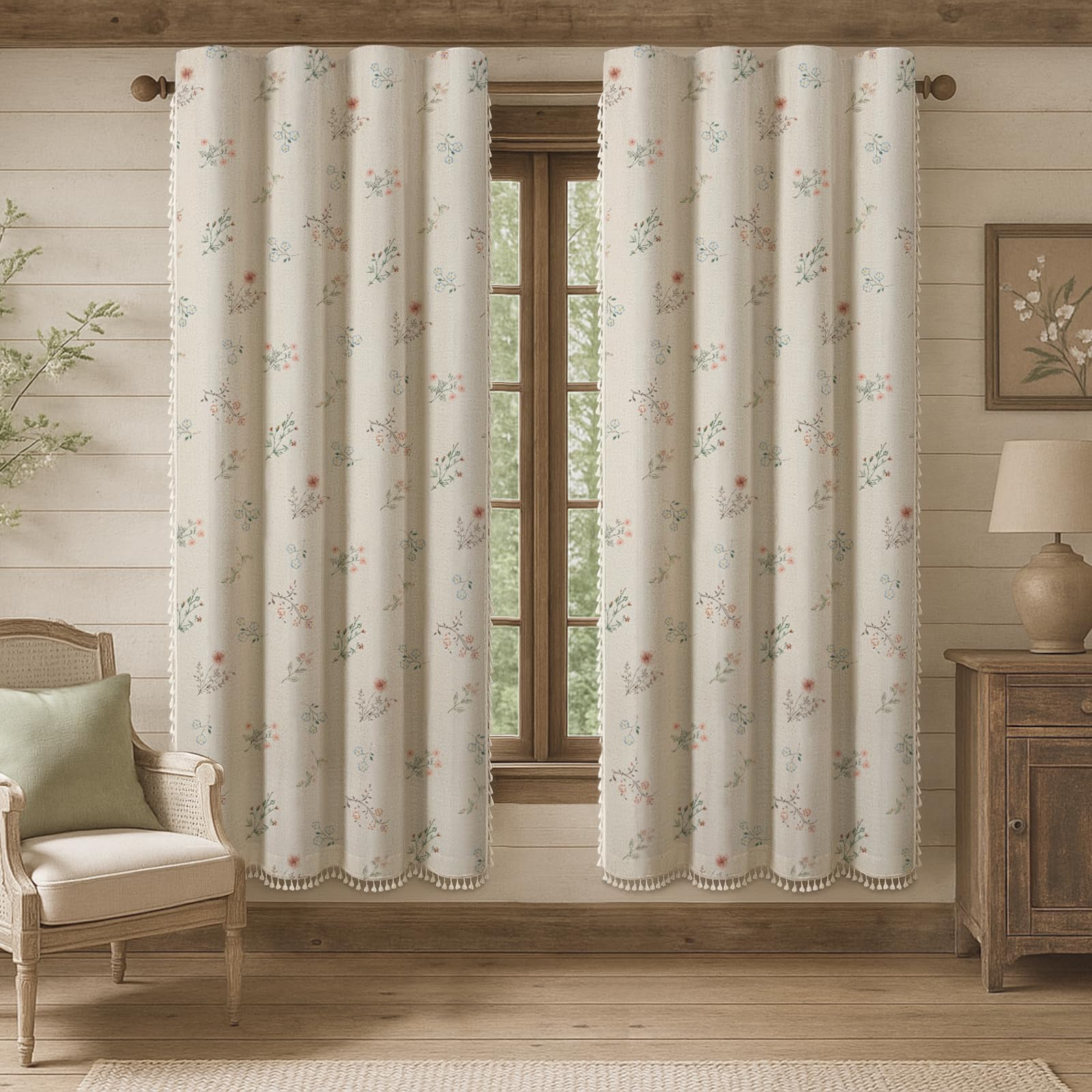 Boho Floral Spring Semi Sheer Curtains 84 Inch Length 2 Panels Set, Linen Texture Farmhouse Light Filtering Curtains Beige Tassel for Bedroom Living Room Vintage Rustic Patterned Printed Rod Pocket
