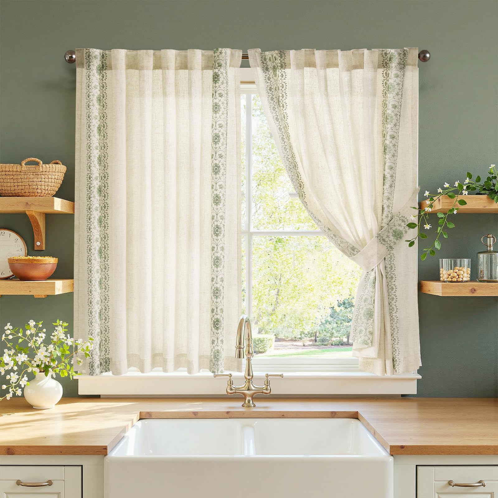 jinchan Weslie Beige Floral Sheer Curtains for Living Room 84 Inch Long Embroidered Voile Farmhouse Linen Curtains for Bedroom Ivory Flower Patterned Cottage Core Window Drapes 2 Panels Ivory on Beige