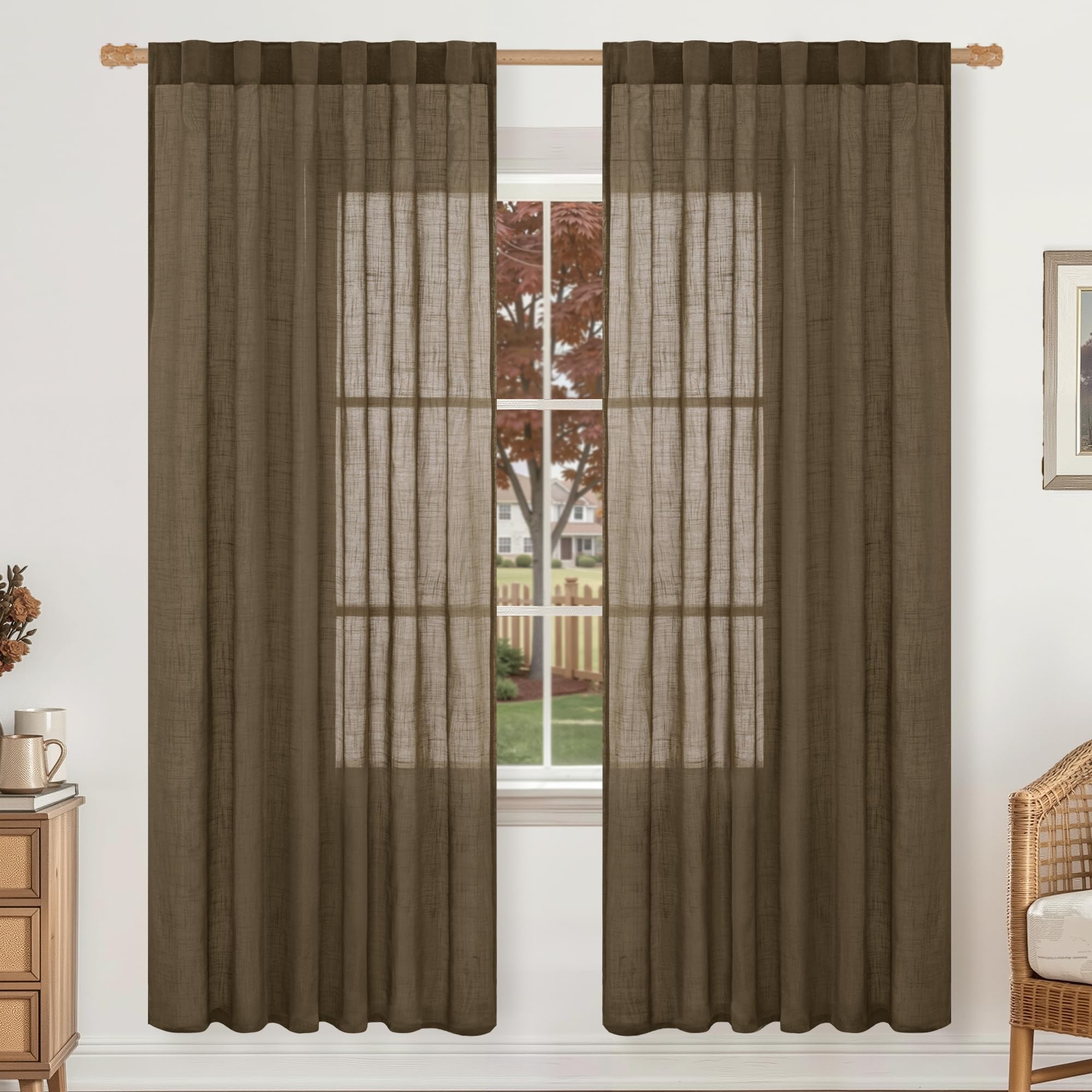 LAMIT Natural Linen Sheer Curtains 90 Inches Long 2 Panels, Long Light Filtering Window Treatments Back Tab and Rod Pocket Farmhouse Boho Panels for Living Room/Bedroom/Dining Room, 52 x 90 Inch