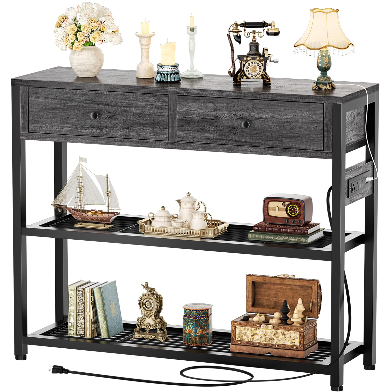 Ecoprsio 47'' Entryway Table with Outlets and USB Ports, Console Table with 3 Drawers, Sofa Table Narrow Long with Storage Shelves for Living Room, Couch, Hallway, Foyer, Kitchen Counter, White