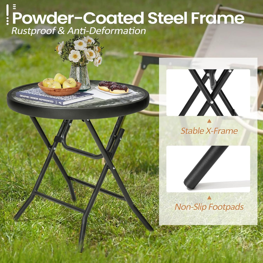 18" Black Tempered Glass Folding Side Table for Outdoor Spaces