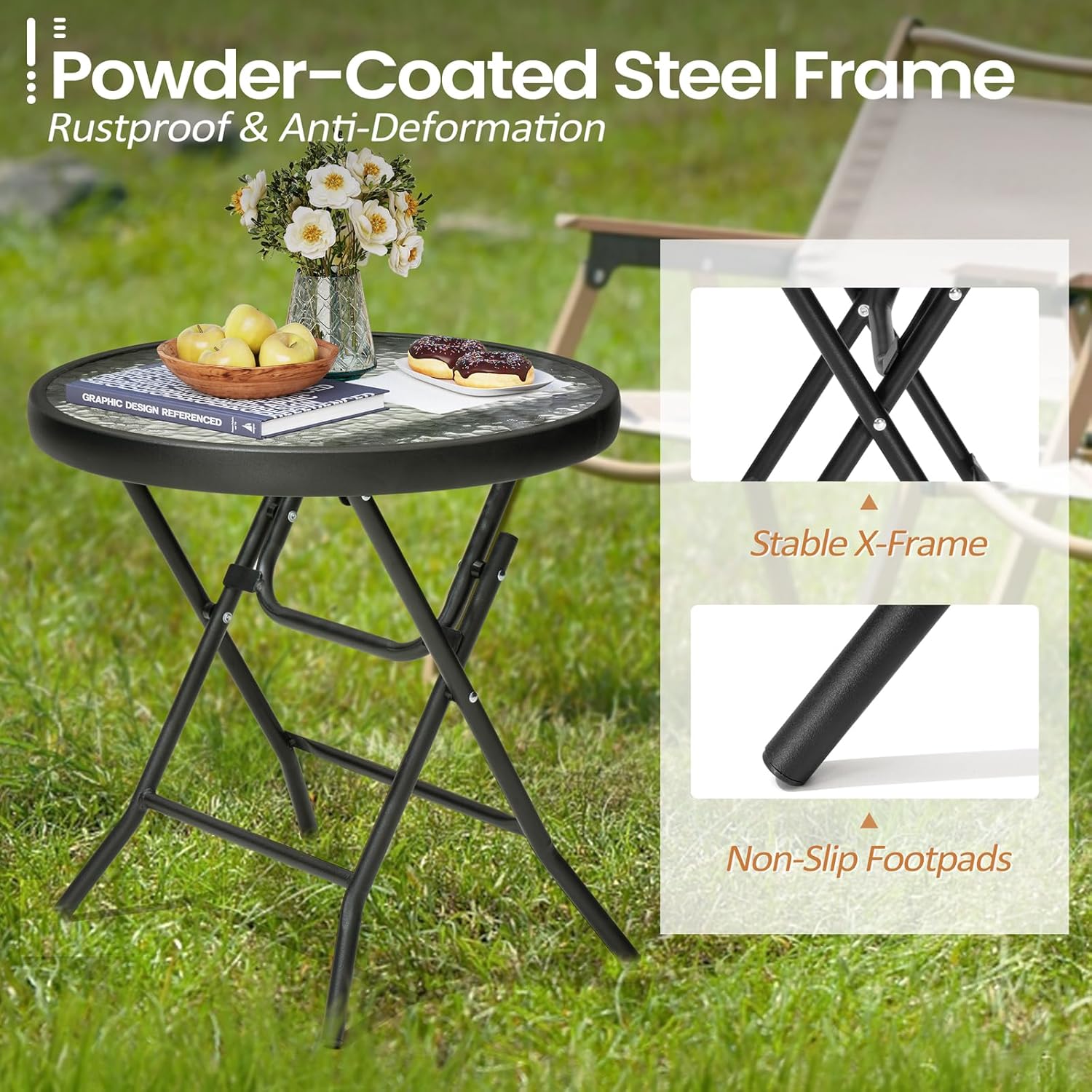 18" Black Tempered Glass Folding Side Table for Outdoor Spaces