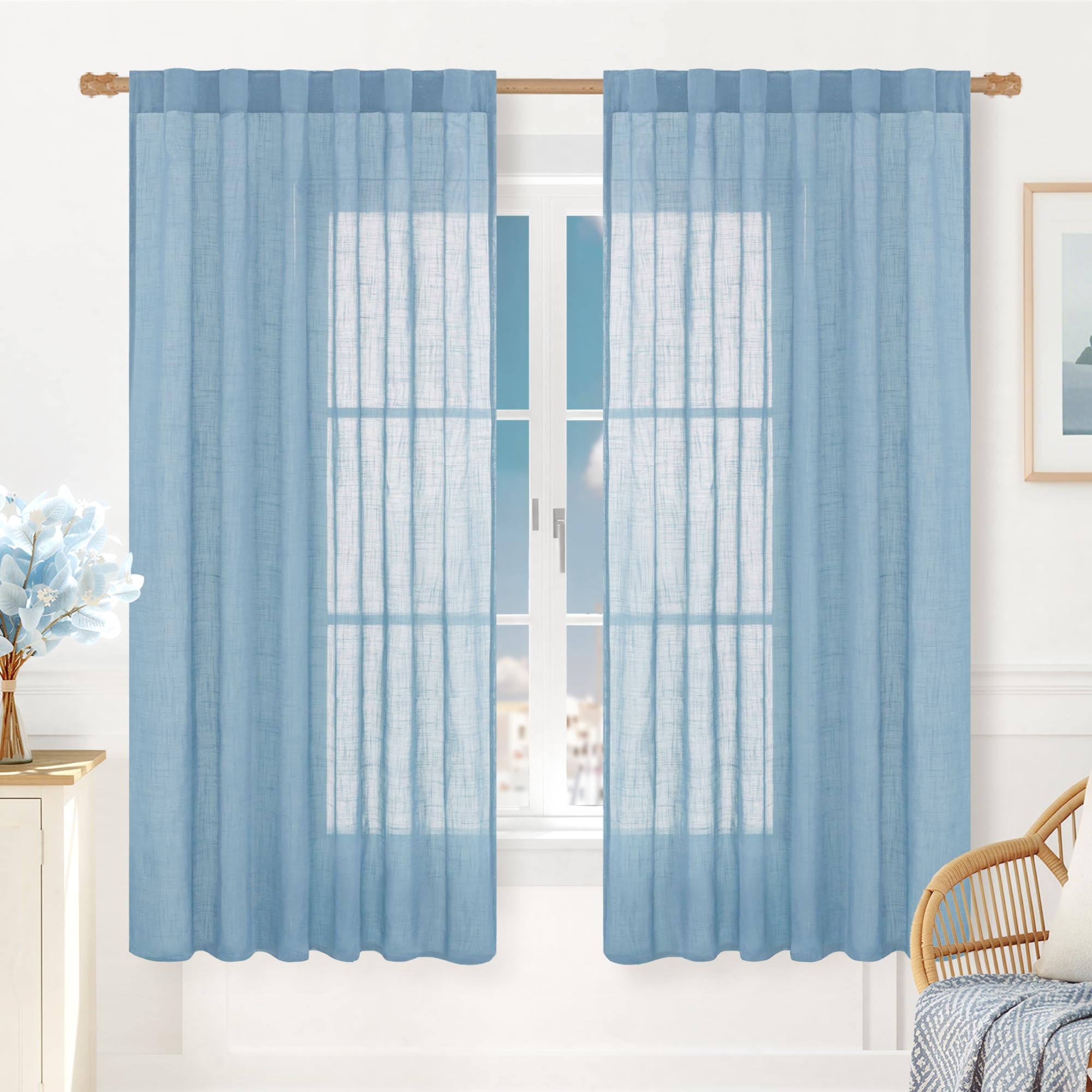 LAMIT Natural Linen Sheer Curtains 90 Inches Long 2 Panels, Long Light Filtering Window Treatments Back Tab and Rod Pocket Farmhouse Boho Panels for Living Room/Bedroom/Dining Room, 52 x 90 Inch
