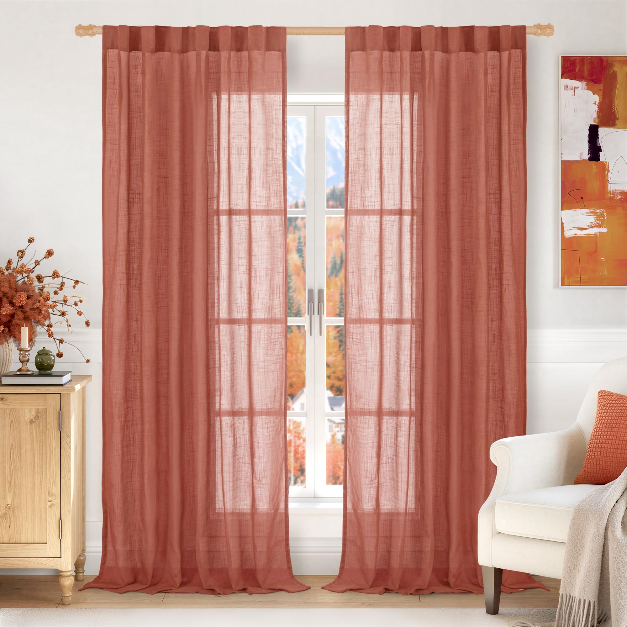LAMIT Natural Linen Sheer Curtains 90 Inches Long 2 Panels, Long Light Filtering Window Treatments Back Tab and Rod Pocket Farmhouse Boho Panels for Living Room/Bedroom/Dining Room, 52 x 90 Inch