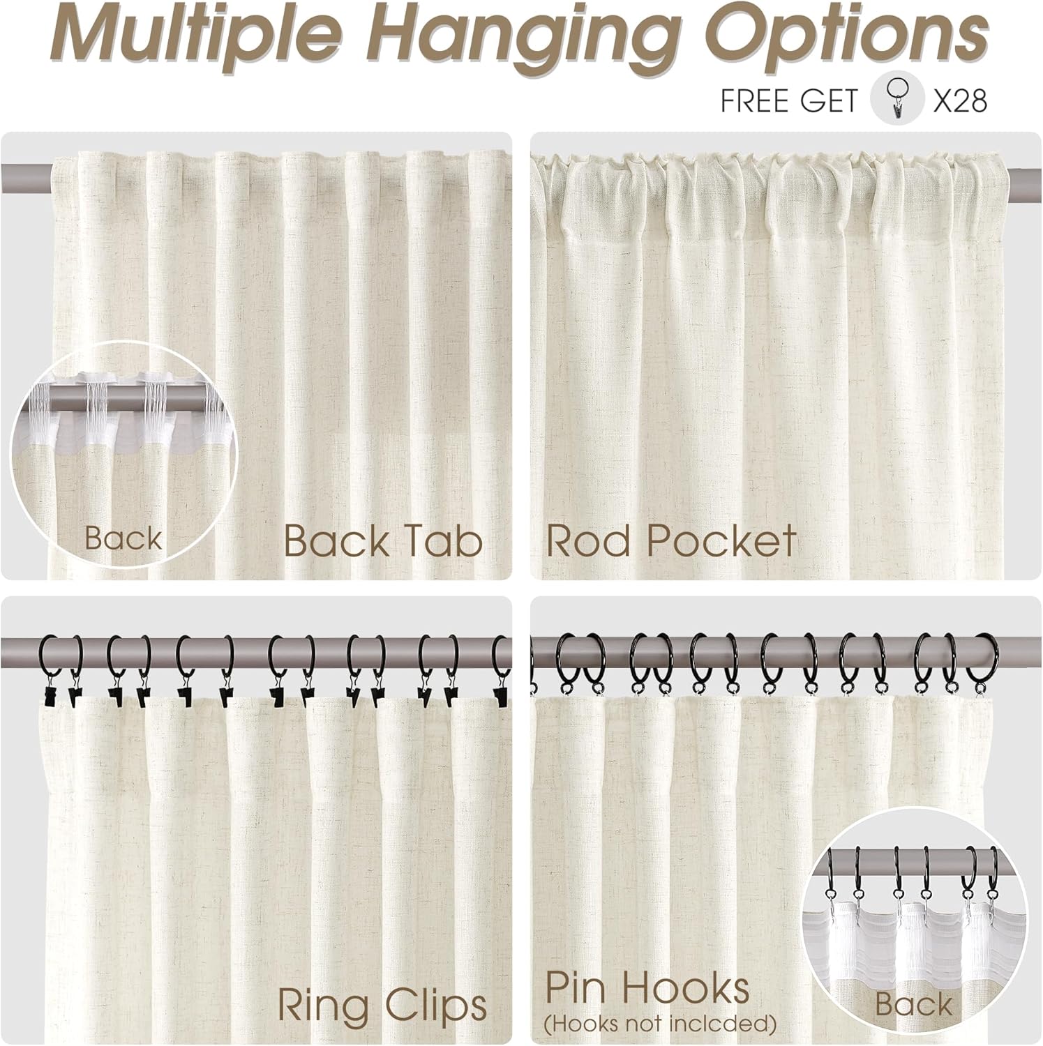 Nanspring Linen Curtains 80 Inches Long for Living Room Semi Sheer Light Filtering Curtain Back Tab Neutral Boho Modern Farmhouse Window Drapes for Bedroom 52x80 2 Panels Cream Ivory Beige Natural