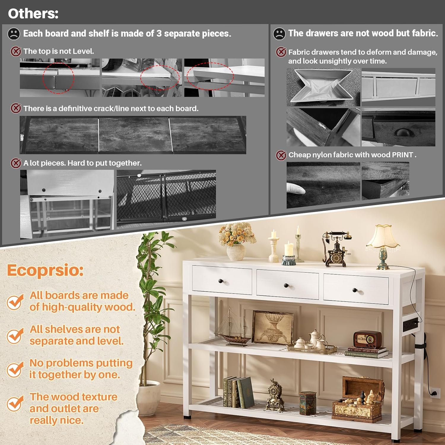 Ecoprsio 47'' Entryway Table with Outlets and USB Ports, Console Table with 3 Drawers, Sofa Table Narrow Long with Storage Shelves for Living Room, Couch, Hallway, Foyer, Kitchen Counter, White