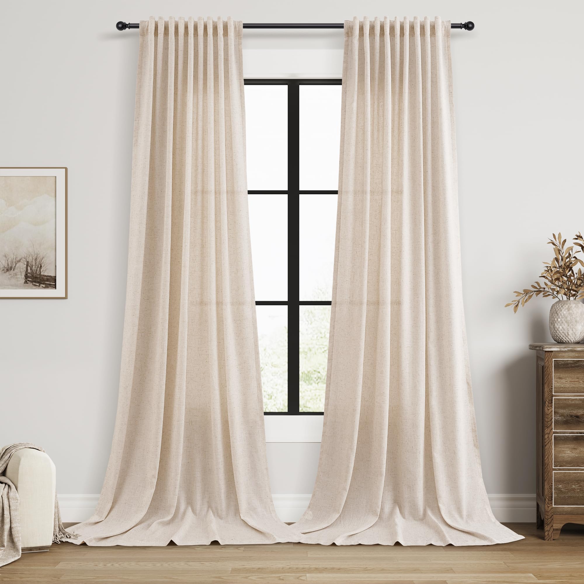 Nanspring Linen Curtains 80 Inches Long for Living Room Semi Sheer Light Filtering Curtain Back Tab Neutral Boho Modern Farmhouse Window Drapes for Bedroom 52x80 2 Panels Cream Ivory Beige Natural
