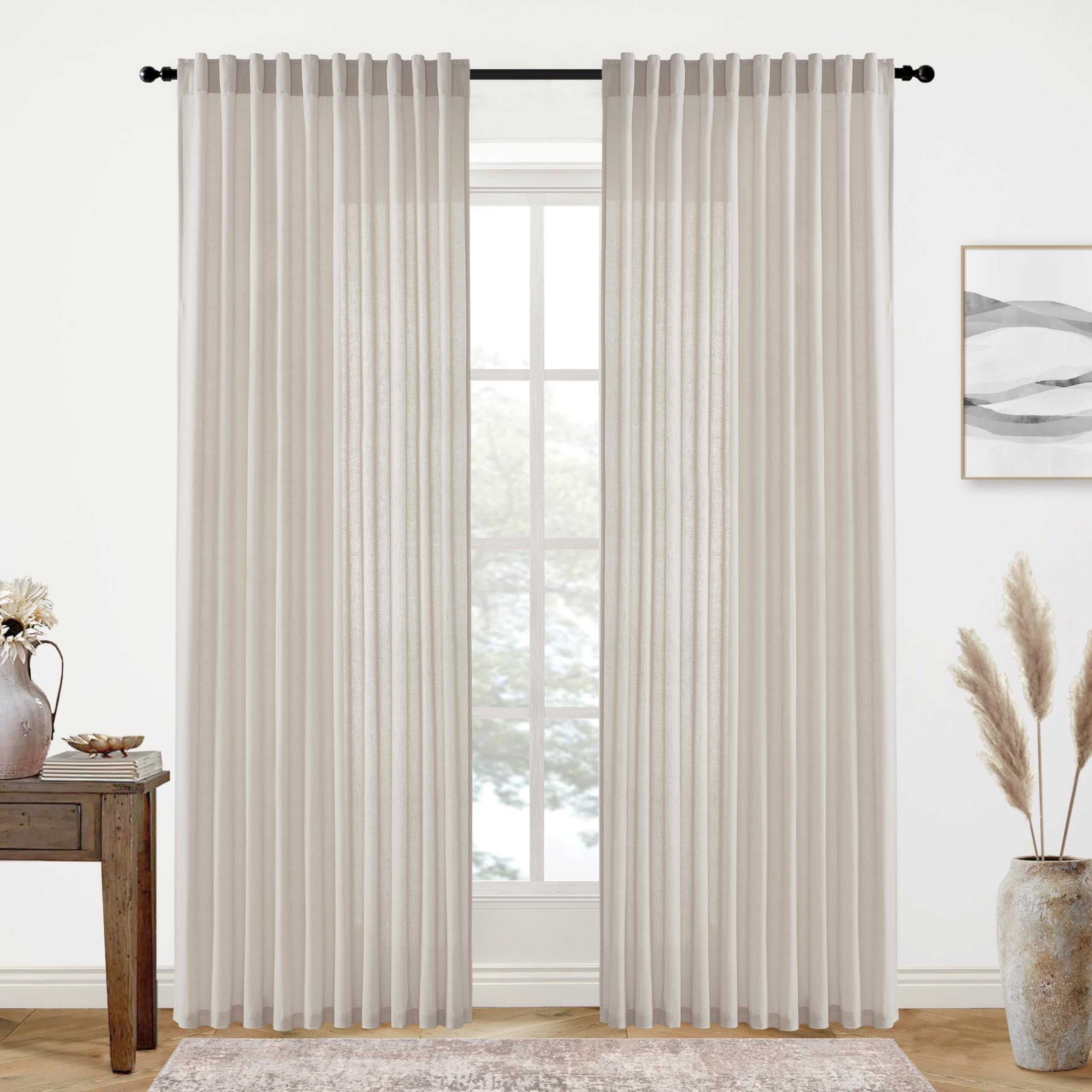XTMYI 90 Inches Long Sheer Linen Curtains 2 Panels Set,Hook Tape Back Tab Semi Sheer Cotton Blend Fabric Modern Cottage Core Cottagecore Curtain Drapes for Living Room Bedroom,50x90 in Length
