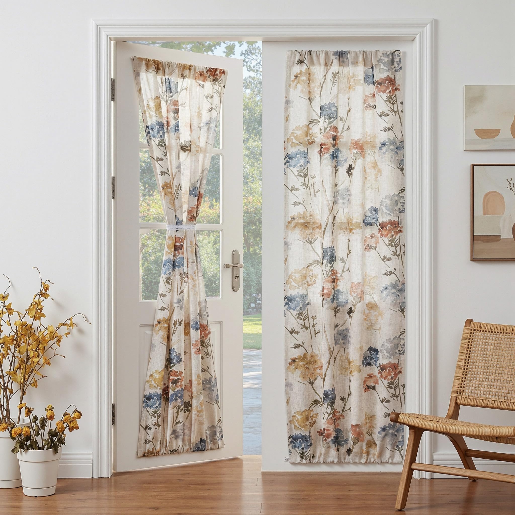 MYSKY HOME Sage Green Floral Linen Spring Curtains 84 inch Long 2 Panels Set Semi Sheer Light Filtering Farmhouse Flower Pattern Grommet Top for Living Room Bedroom, 52" W Each Panel