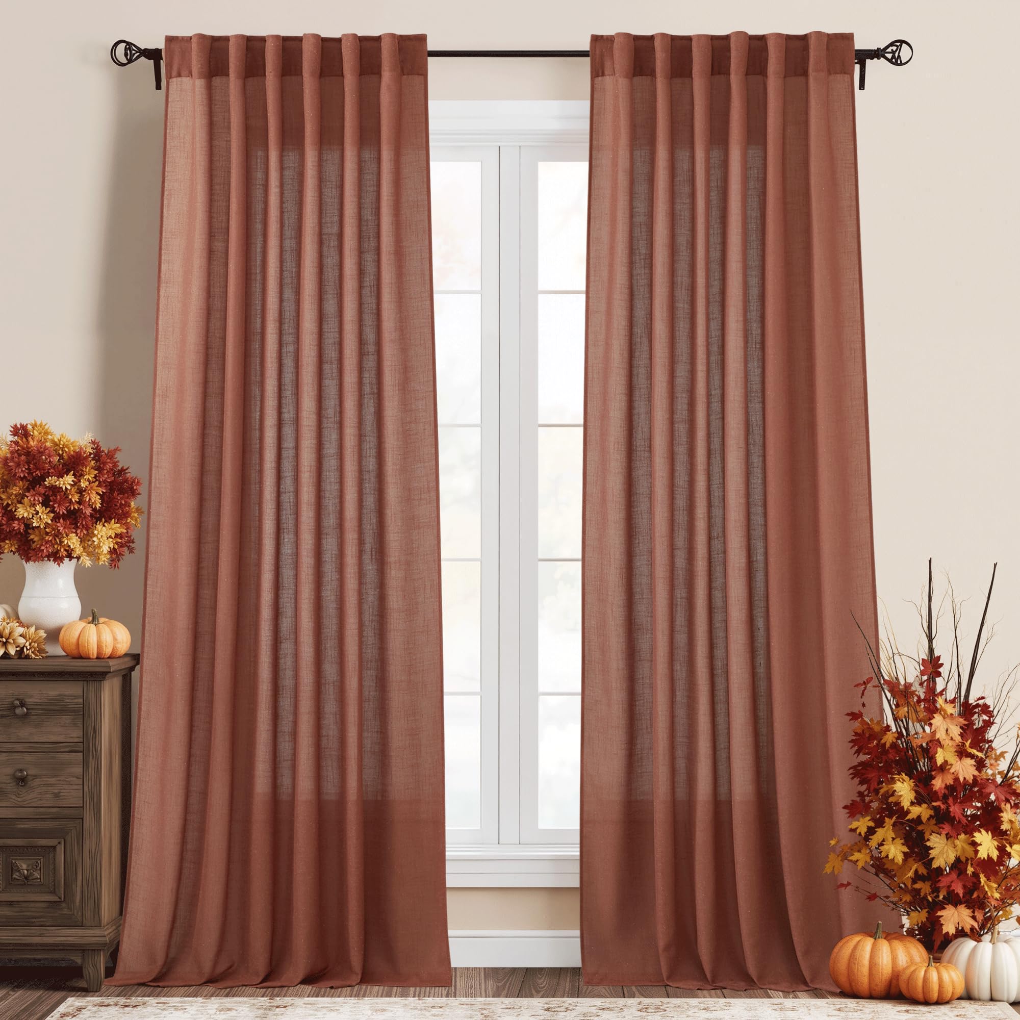 RYB HOME Semi Sheer Curtains 102 inches Long, Back Tab Light Filtration Half Privacy Window Curtains & Drapes for Bedroom Living Room, Linen, W 52 x L 102 inches, 2 Panels Set