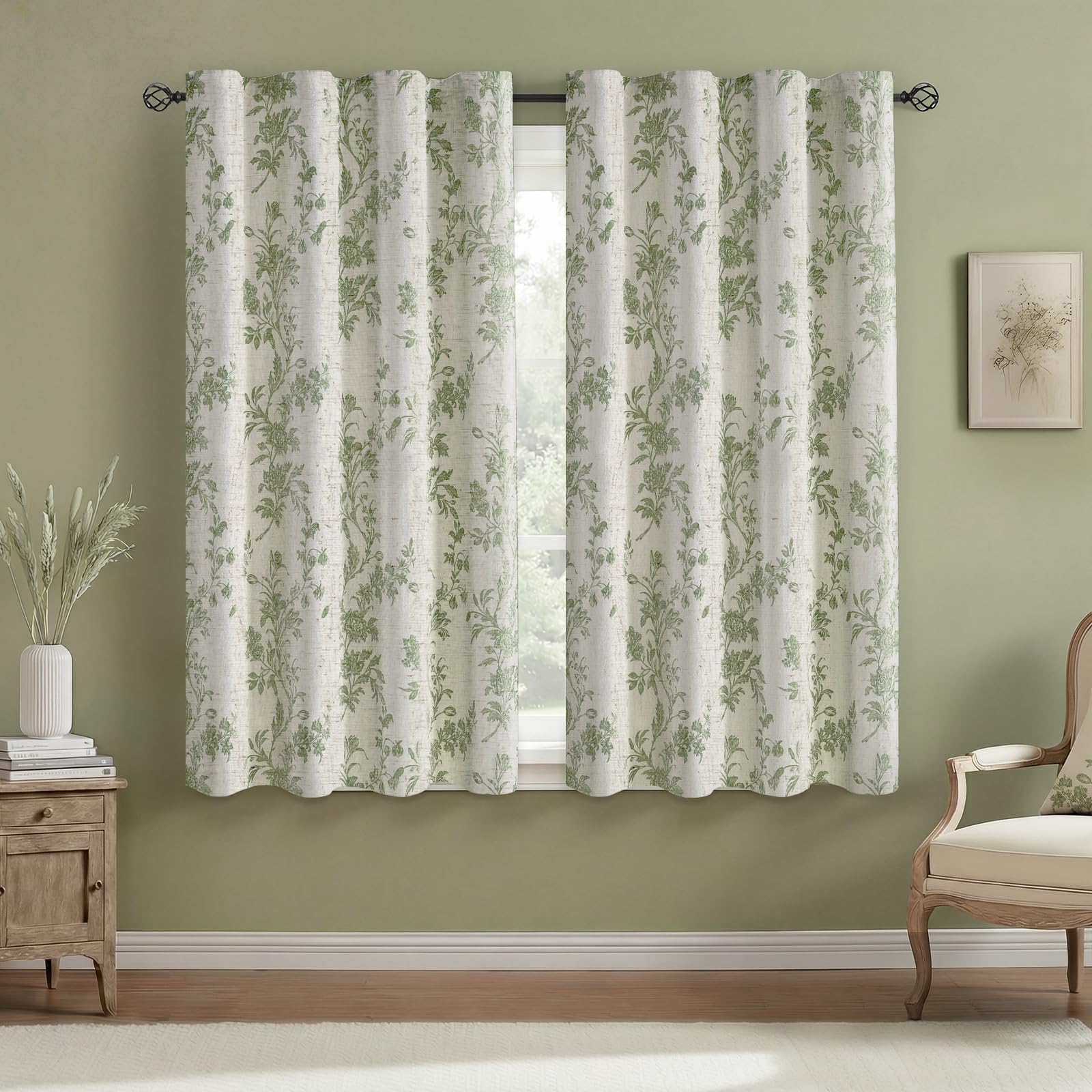 Boho Floral Spring Semi Sheer Curtains 84 Inch Length 2 Panels Set, Linen Texture Farmhouse Light Filtering Curtains Beige Tassel for Bedroom Living Room Vintage Rustic Patterned Printed Rod Pocket