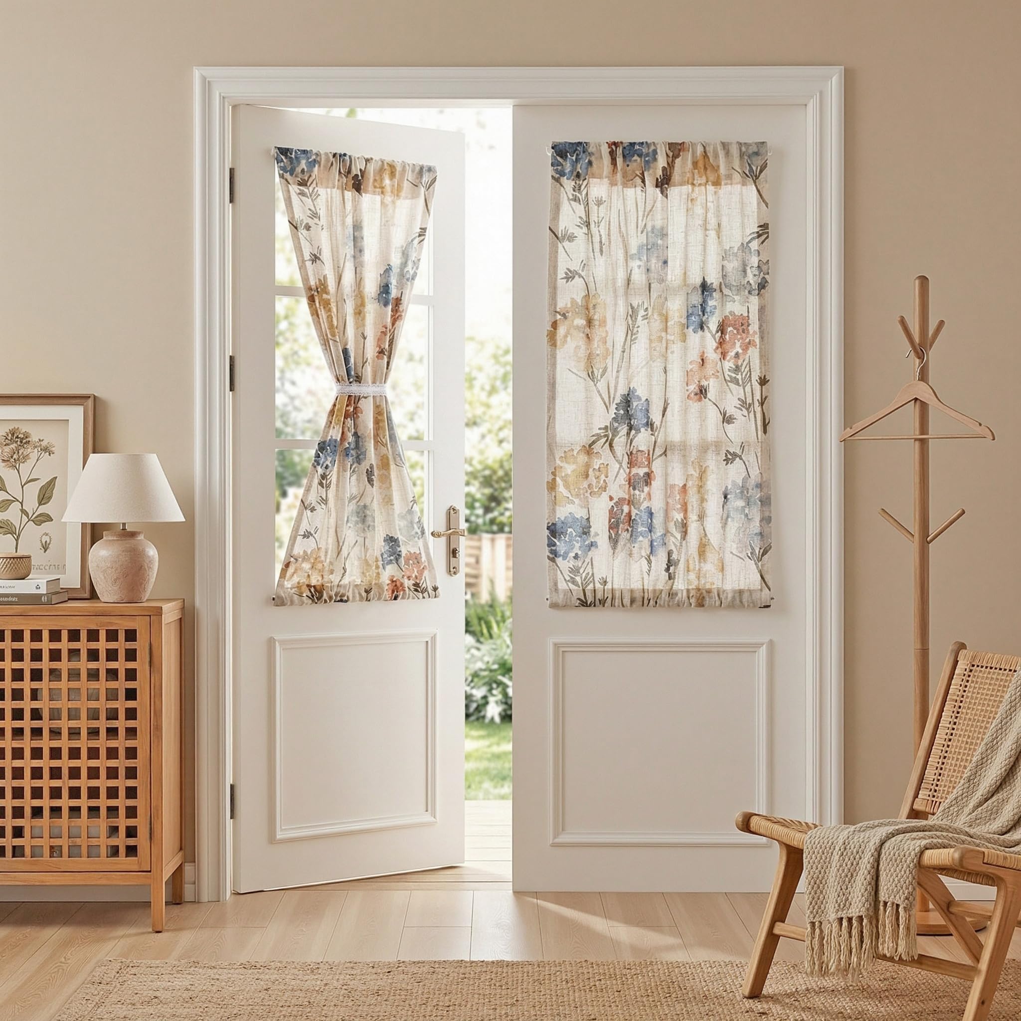 MYSKY HOME Sage Green Floral Linen Spring Curtains 84 inch Long 2 Panels Set Semi Sheer Light Filtering Farmhouse Flower Pattern Grommet Top for Living Room Bedroom, 52" W Each Panel