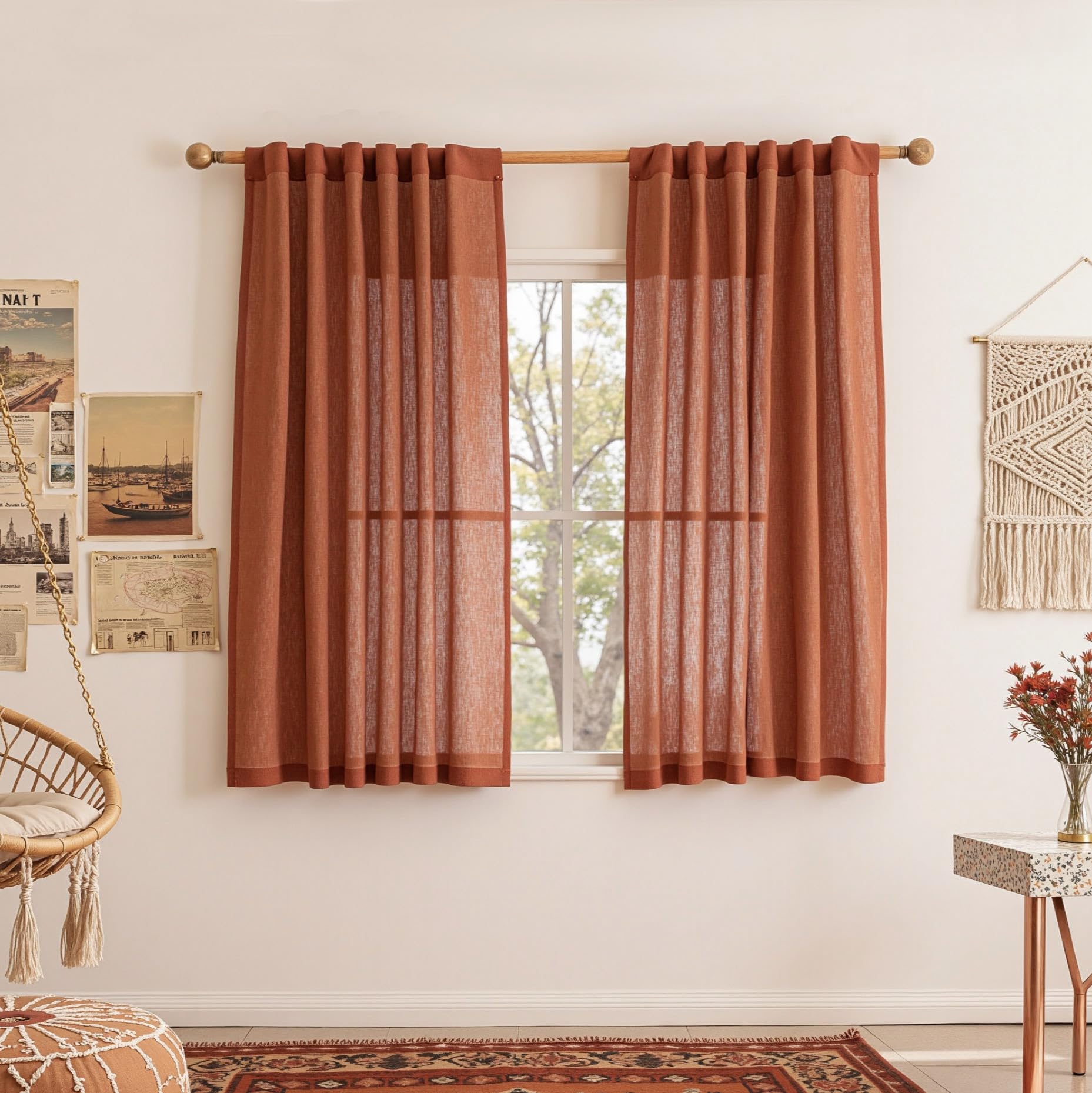 MYSKY HOME Country Curtains for Sliding Glass Door, Back Tab Semi Sheer Curtain Panels Extra Long Floor Length Drapes Linen Texture Soft Touch, 50x108 Inch, Linen, Set of 2