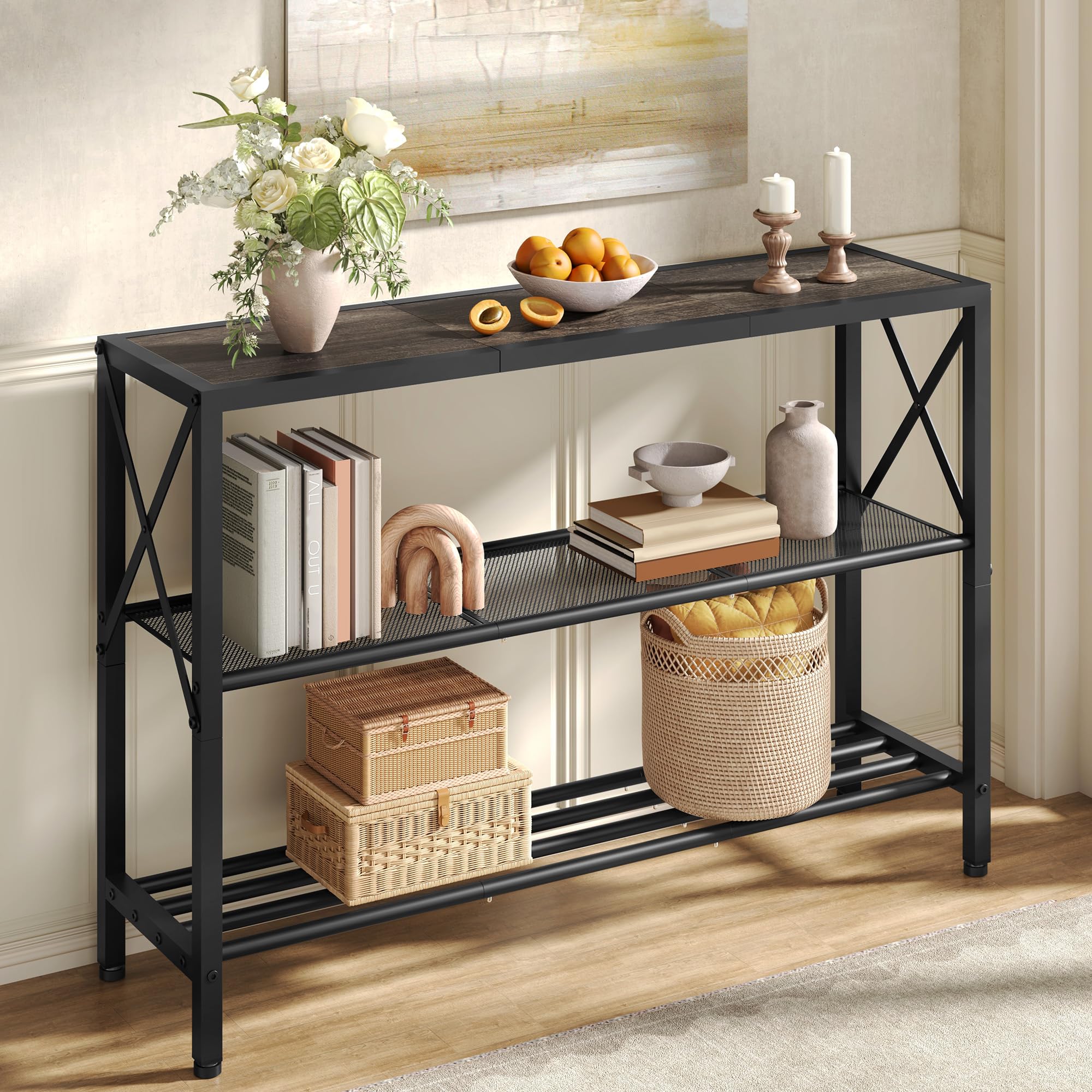Hoctieon Industrial Console Table, 3 Tier Entryway Table, Hallway Table, Narrow Sofa Table with Shelves, Entrance Table for Entryway, Living Room, Foyer, Hallway, Office, Rustic Brown&Black