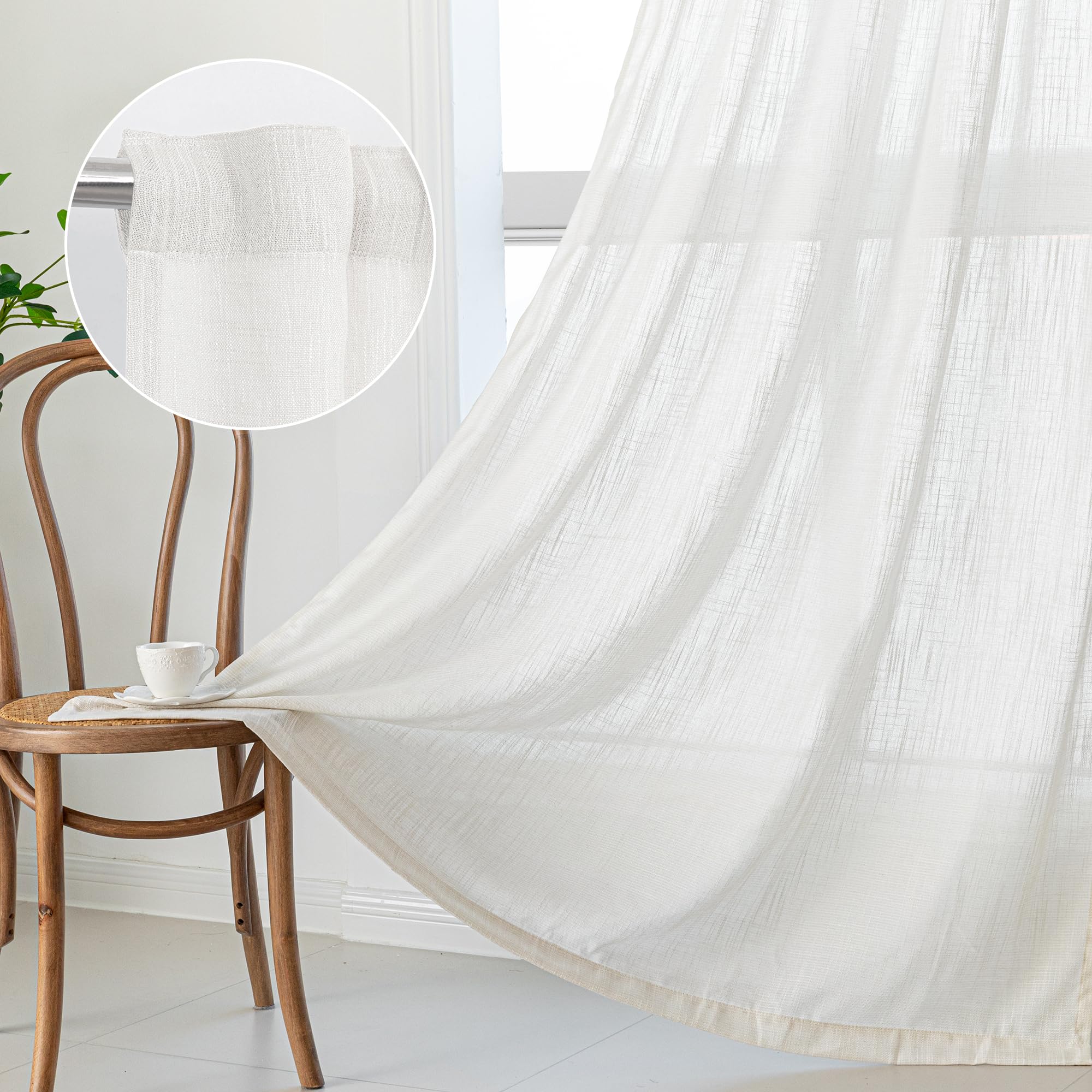 MYSKY HOME Country Curtains for Sliding Glass Door, Back Tab Semi Sheer Curtain Panels Extra Long Floor Length Drapes Linen Texture Soft Touch, 50x108 Inch, Linen, Set of 2