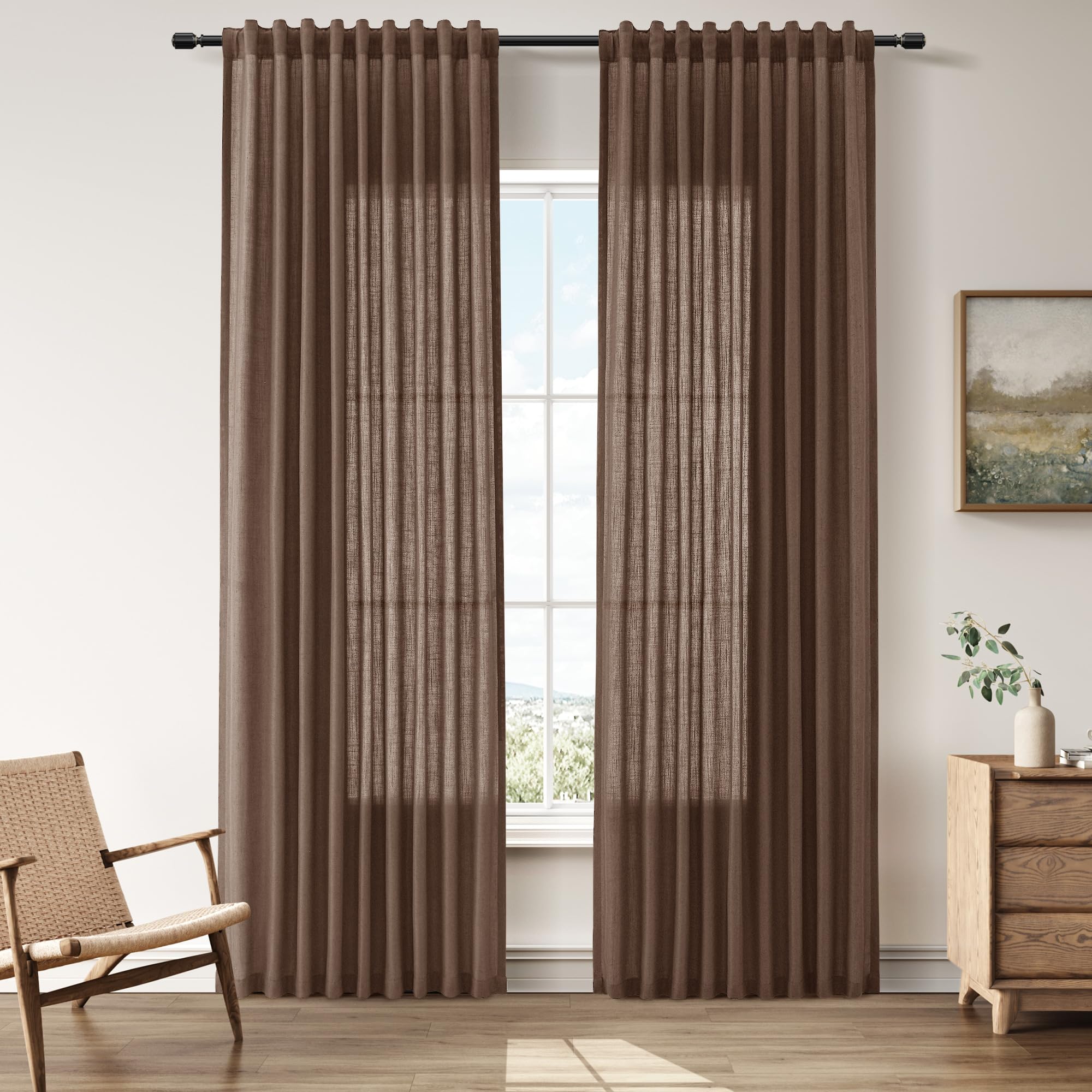 Nanspring Linen Curtains 80 Inches Long for Living Room Semi Sheer Light Filtering Curtain Back Tab Neutral Boho Modern Farmhouse Window Drapes for Bedroom 52x80 2 Panels Cream Ivory Beige Natural