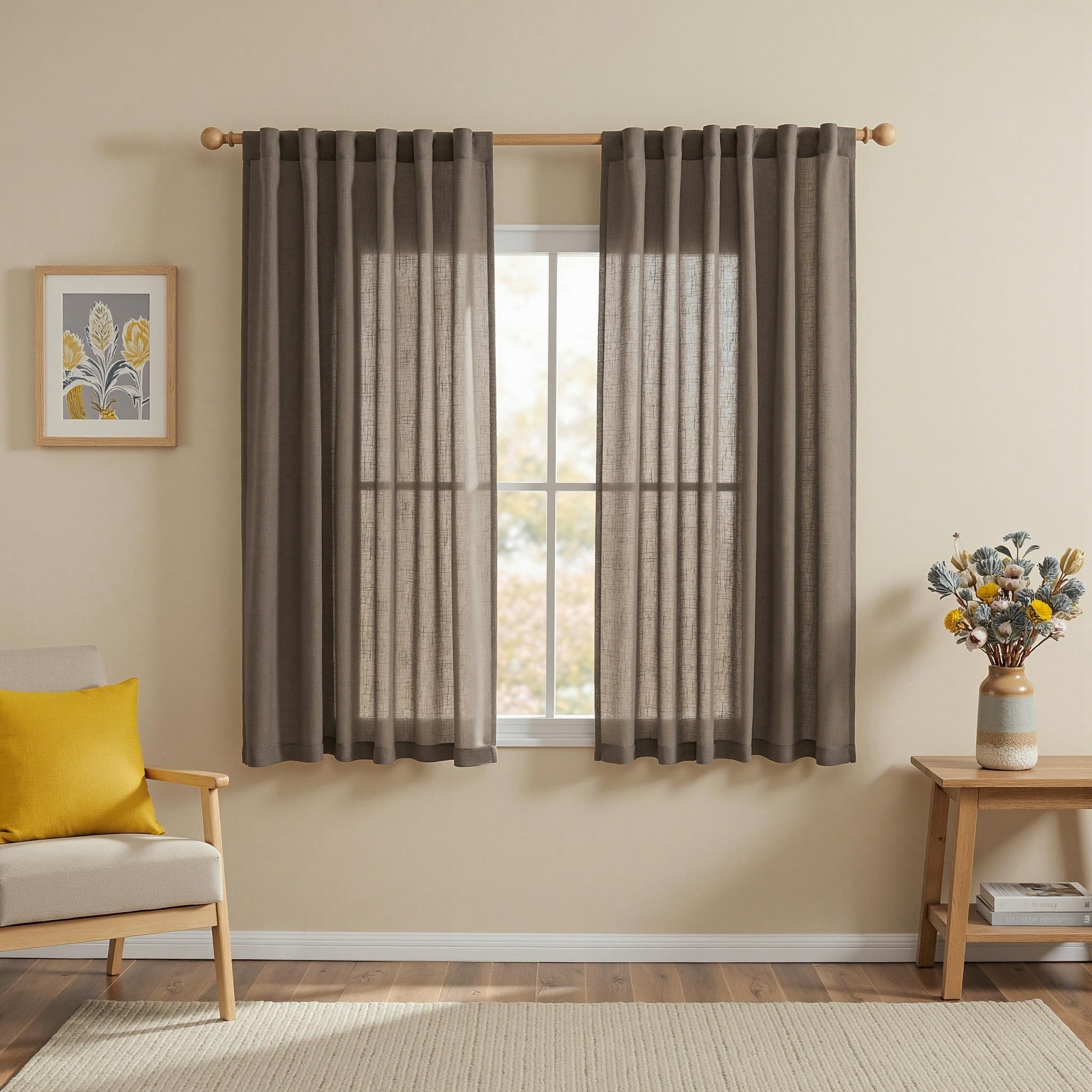 MYSKY HOME Country Curtains for Sliding Glass Door, Back Tab Semi Sheer Curtain Panels Extra Long Floor Length Drapes Linen Texture Soft Touch, 50x108 Inch, Linen, Set of 2