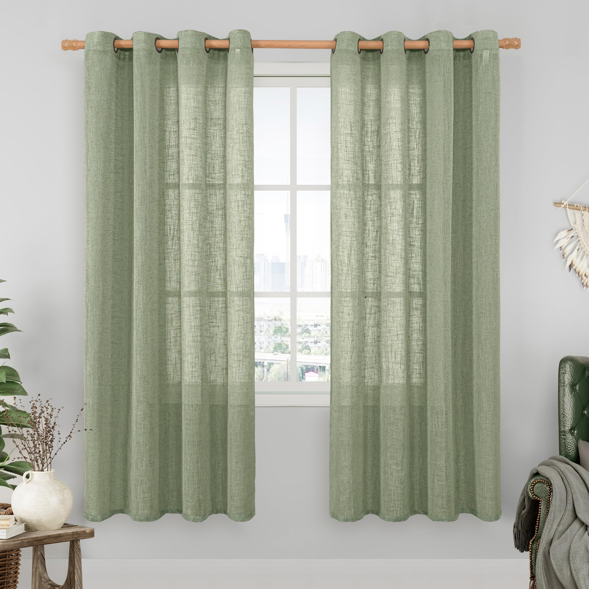 LAMIT Natural Cream Ivory Long Linen Curtains for Living Room, 108 inches Long Bronze Grommet Light Filtering Window Textured Neutral Sheer Drapes for Bedroom Farmhouse, 2 Panels, 52 x 108 Inch