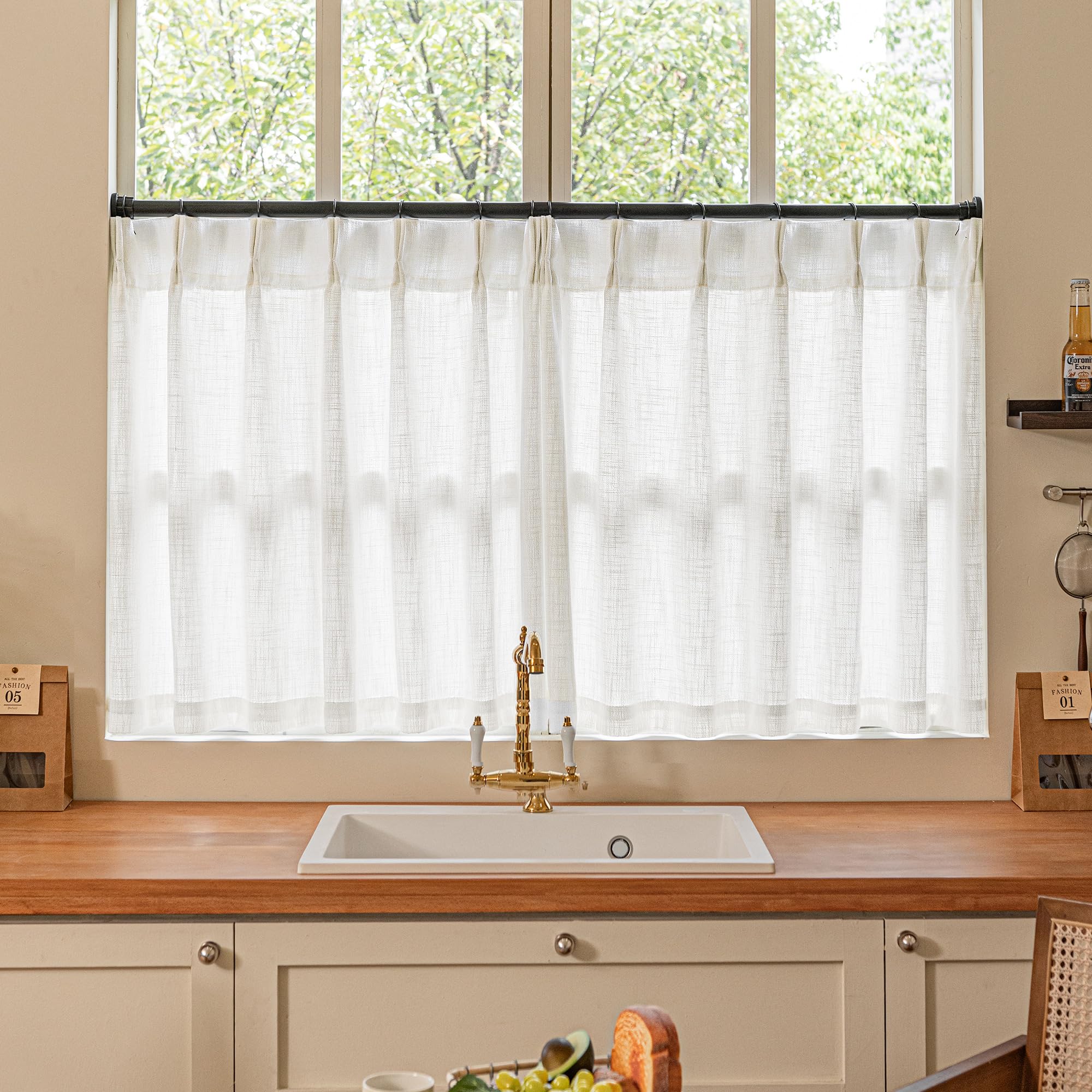 Natural Pinch Pleated Linen Curtains 84 Inch Length 2 Panels for Living Room Bedroom Textured Cream Ivory Birch Semi Sheer Boho Neutral Back Tab Pinch Pleat Hooks Rings Window Curtain 84 Inches Long