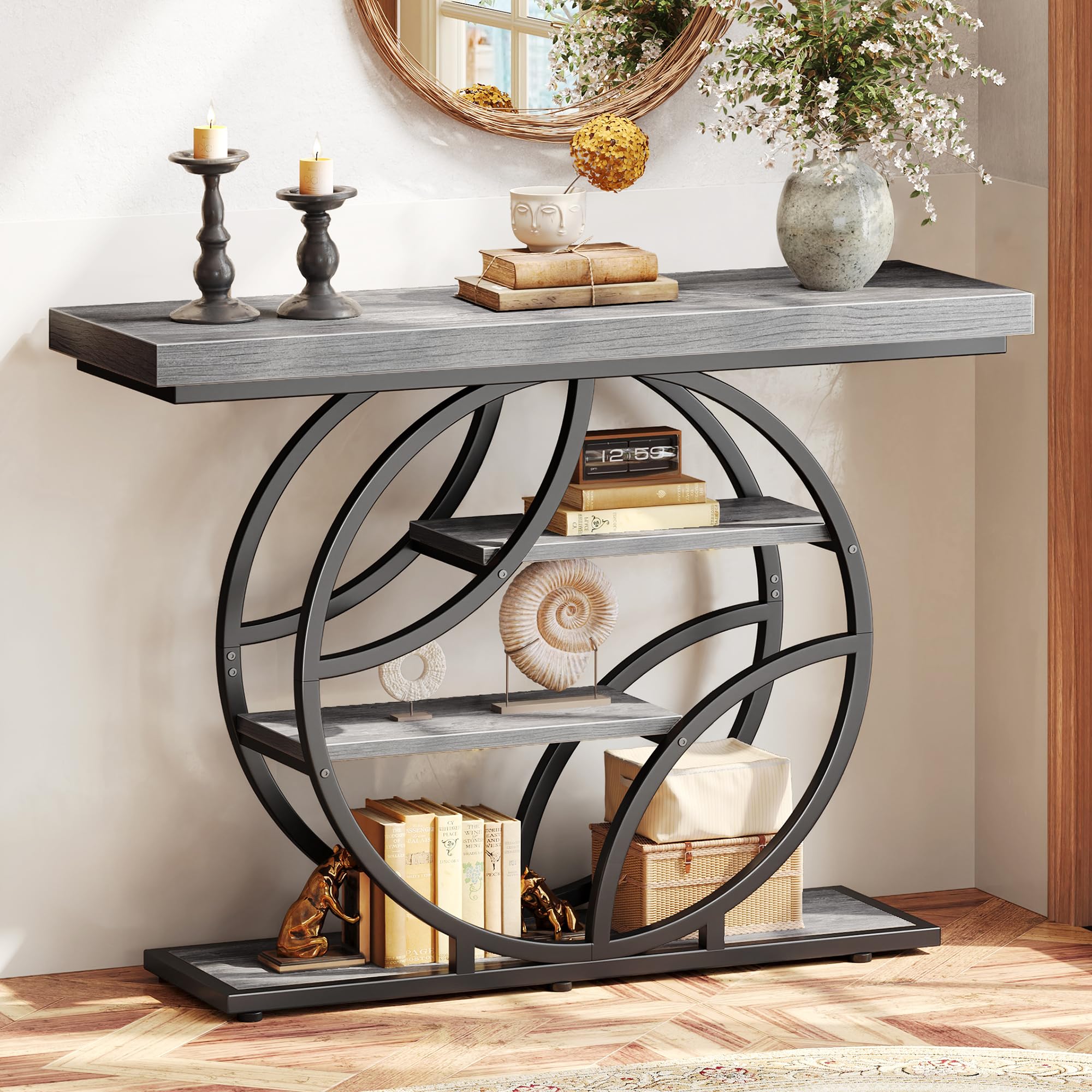 Huuger Modern Console Table, 41.3 Inch Sofa Table with Artistic Curved Metal Frame, Narrow Entryway Table for Hallway, Living Room, Behind Couch, Rustic Brown