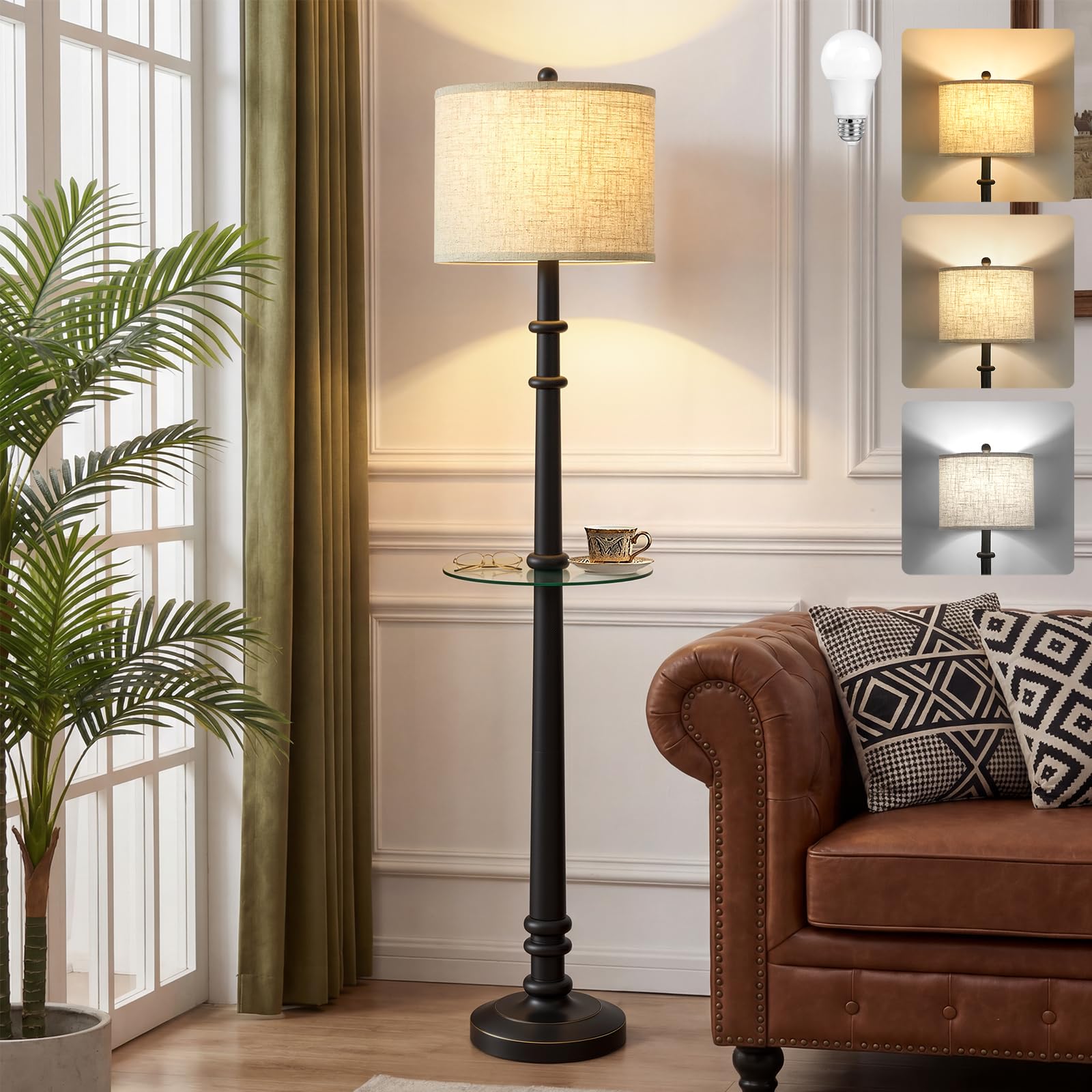 Floor Lamps for Living Room - 60" Resin Farmhouse Floor Lamp with Adjustable Color Temperatures - Vintage Standing Lamp Reading Light with Linen Shade Retro Tall Lamp for Bedroom Office, Black