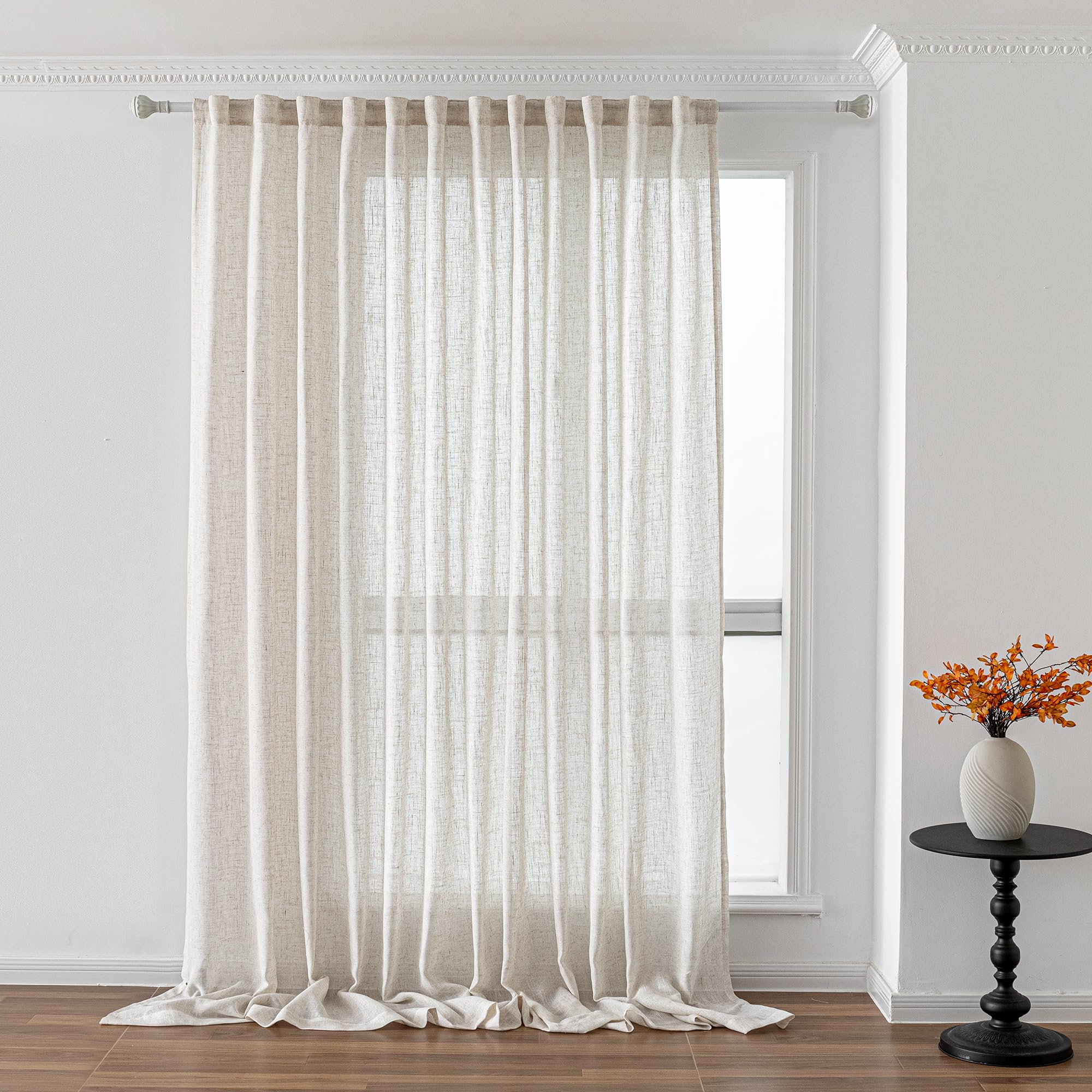 MYSKY HOME Country Curtains for Sliding Glass Door, Back Tab Semi Sheer Curtain Panels Extra Long Floor Length Drapes Linen Texture Soft Touch, 50x108 Inch, Linen, Set of 2