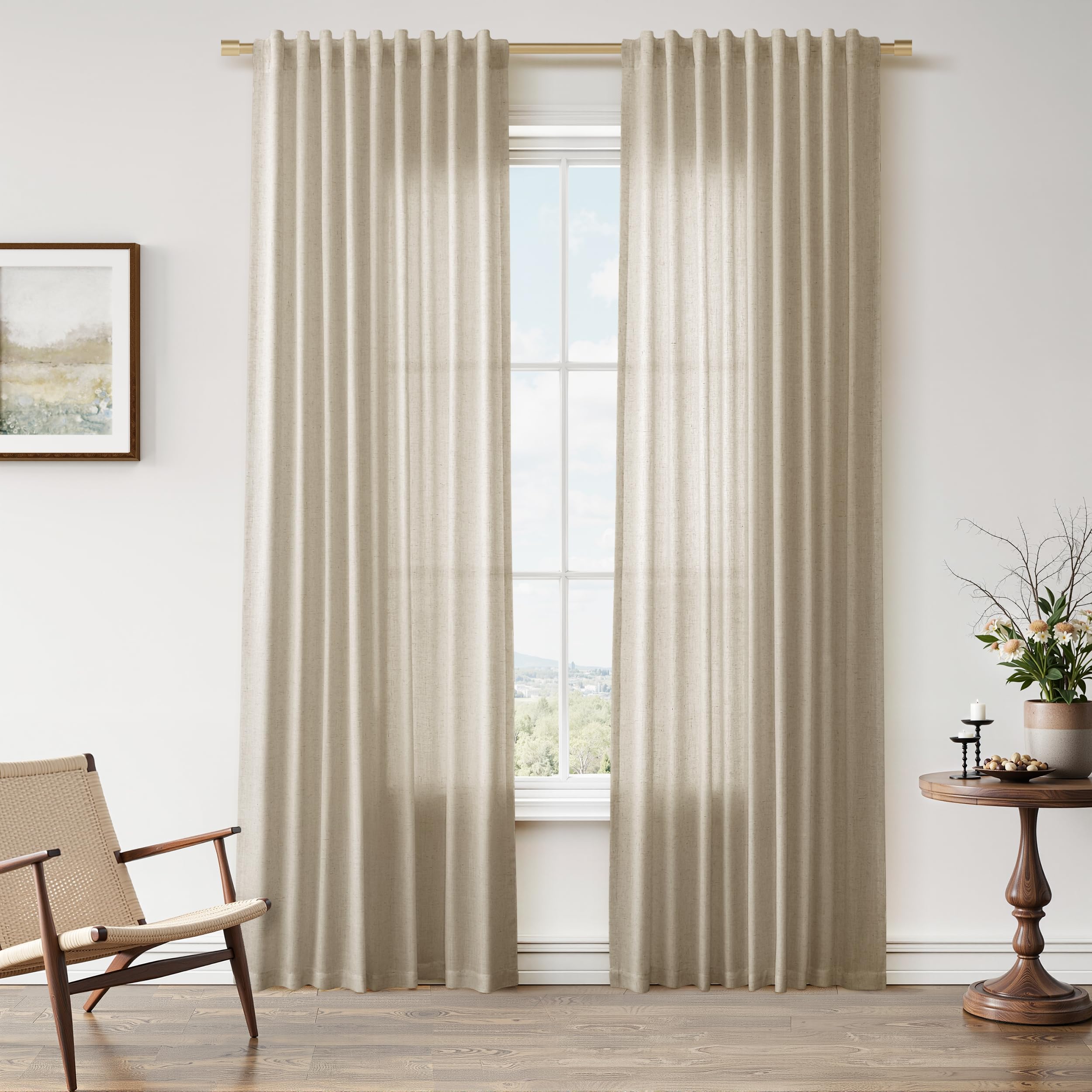 Nanspring Linen Curtains 80 Inches Long for Living Room Semi Sheer Light Filtering Curtain Back Tab Neutral Boho Modern Farmhouse Window Drapes for Bedroom 52x80 2 Panels Cream Ivory Beige Natural