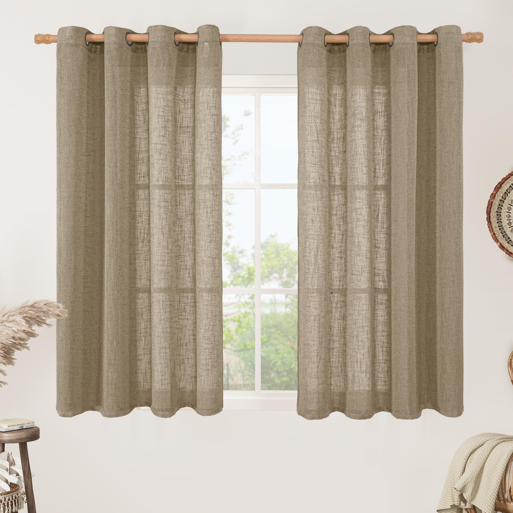 LAMIT Natural Cream Ivory Long Linen Curtains for Living Room, 108 inches Long Bronze Grommet Light Filtering Window Textured Neutral Sheer Drapes for Bedroom Farmhouse, 2 Panels, 52 x 108 Inch