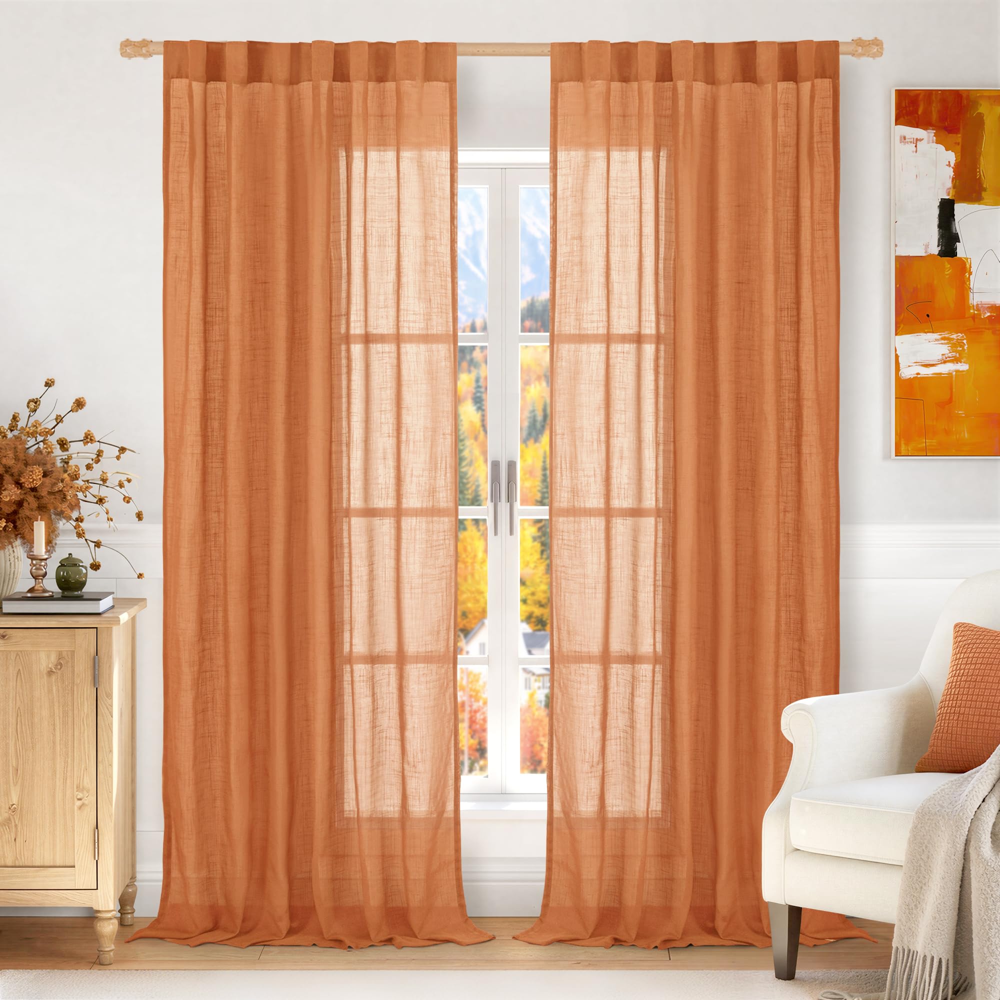 LAMIT Natural Linen Sheer Curtains 90 Inches Long 2 Panels, Long Light Filtering Window Treatments Back Tab and Rod Pocket Farmhouse Boho Panels for Living Room/Bedroom/Dining Room, 52 x 90 Inch