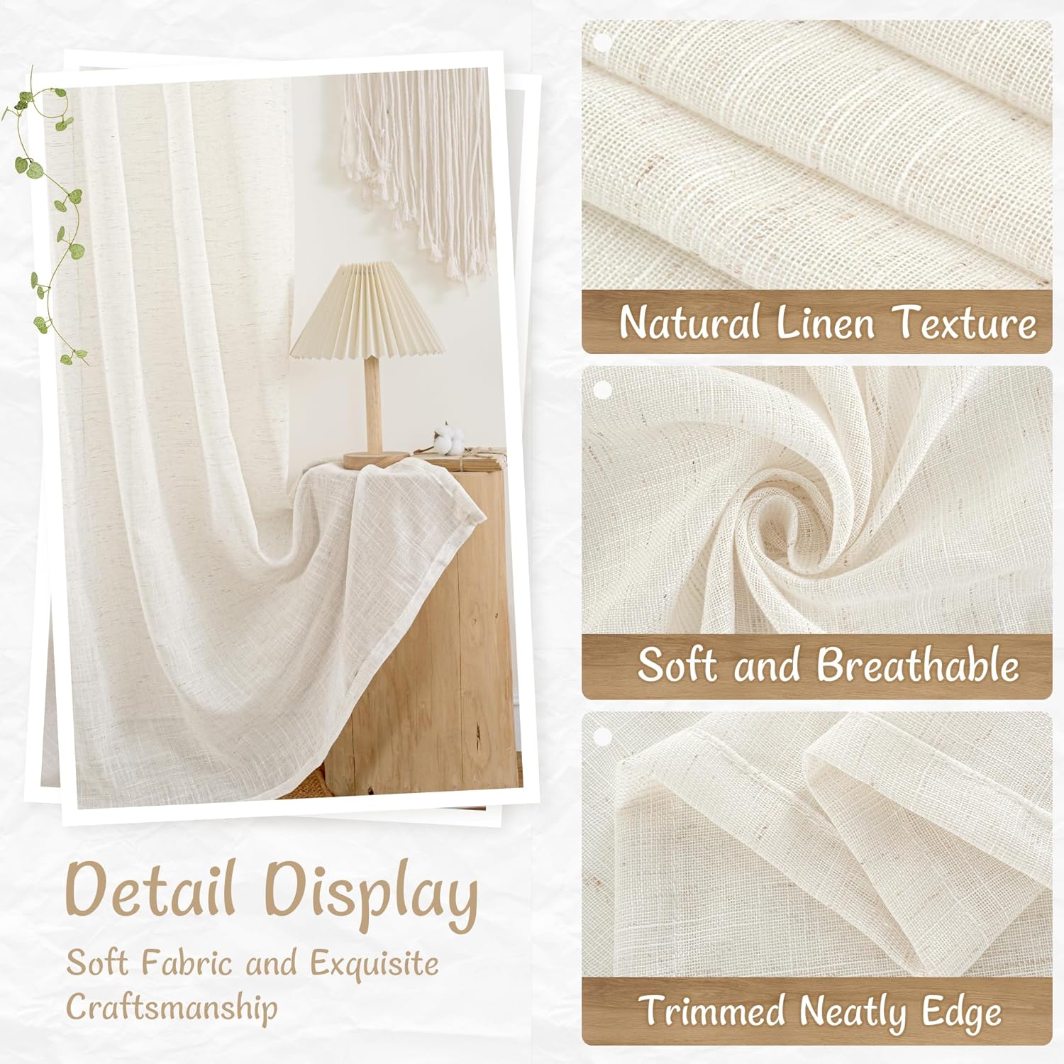 LAMIT Natural Linen Sheer Curtains 90 Inches Long 2 Panels, Long Light Filtering Window Treatments Back Tab and Rod Pocket Farmhouse Boho Panels for Living Room/Bedroom/Dining Room, 52 x 90 Inch
