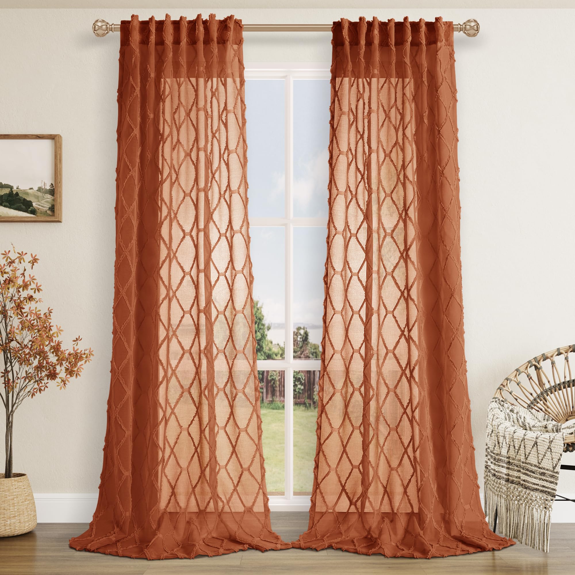 108" Beige Linen Sheer Curtains, 2 Panels, Tuft Pattern for Living Room & Bedroom
