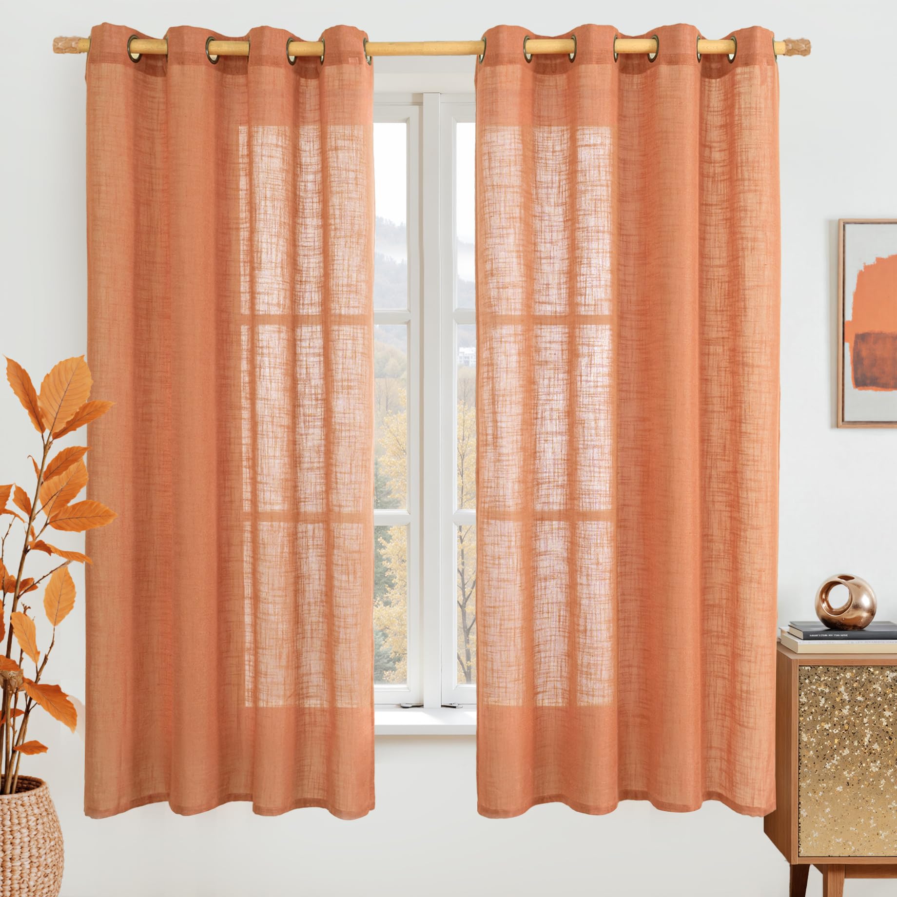 LAMIT Natural Cream Ivory Long Linen Curtains for Living Room, 108 inches Long Bronze Grommet Light Filtering Window Textured Neutral Sheer Drapes for Bedroom Farmhouse, 2 Panels, 52 x 108 Inch