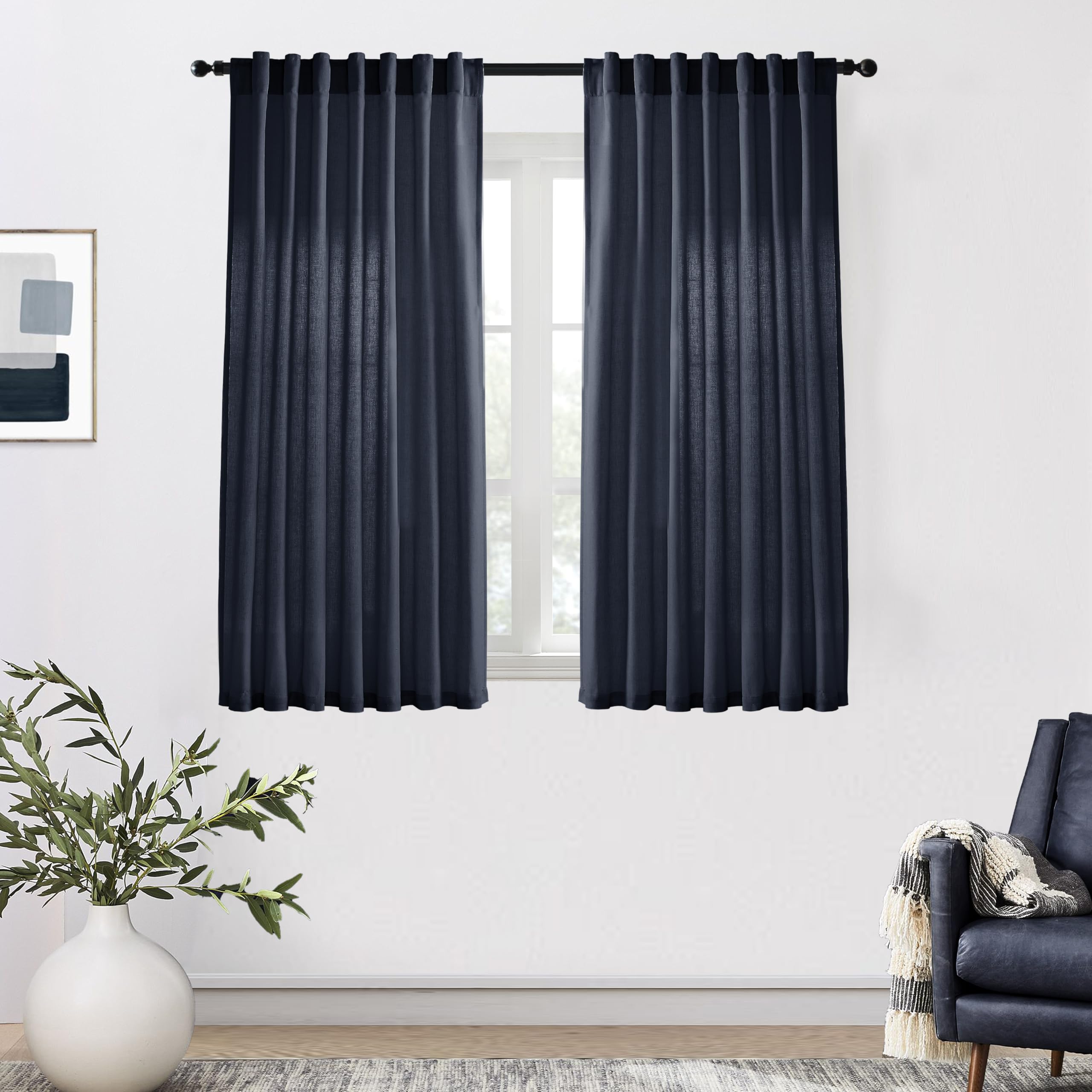 XTMYI 90 Inches Long Sheer Linen Curtains 2 Panels Set,Hook Tape Back Tab Semi Sheer Cotton Blend Fabric Modern Cottage Core Cottagecore Curtain Drapes for Living Room Bedroom,50x90 in Length