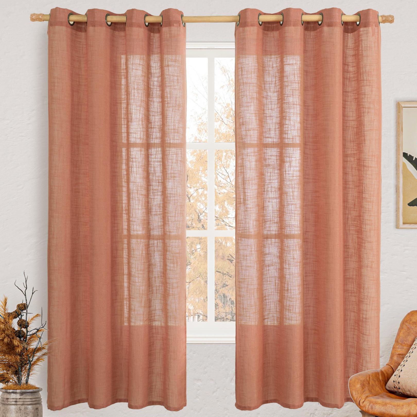 LAMIT Natural Cream Ivory Long Linen Curtains for Living Room, 108 inches Long Bronze Grommet Light Filtering Window Textured Neutral Sheer Drapes for Bedroom Farmhouse, 2 Panels, 52 x 108 Inch